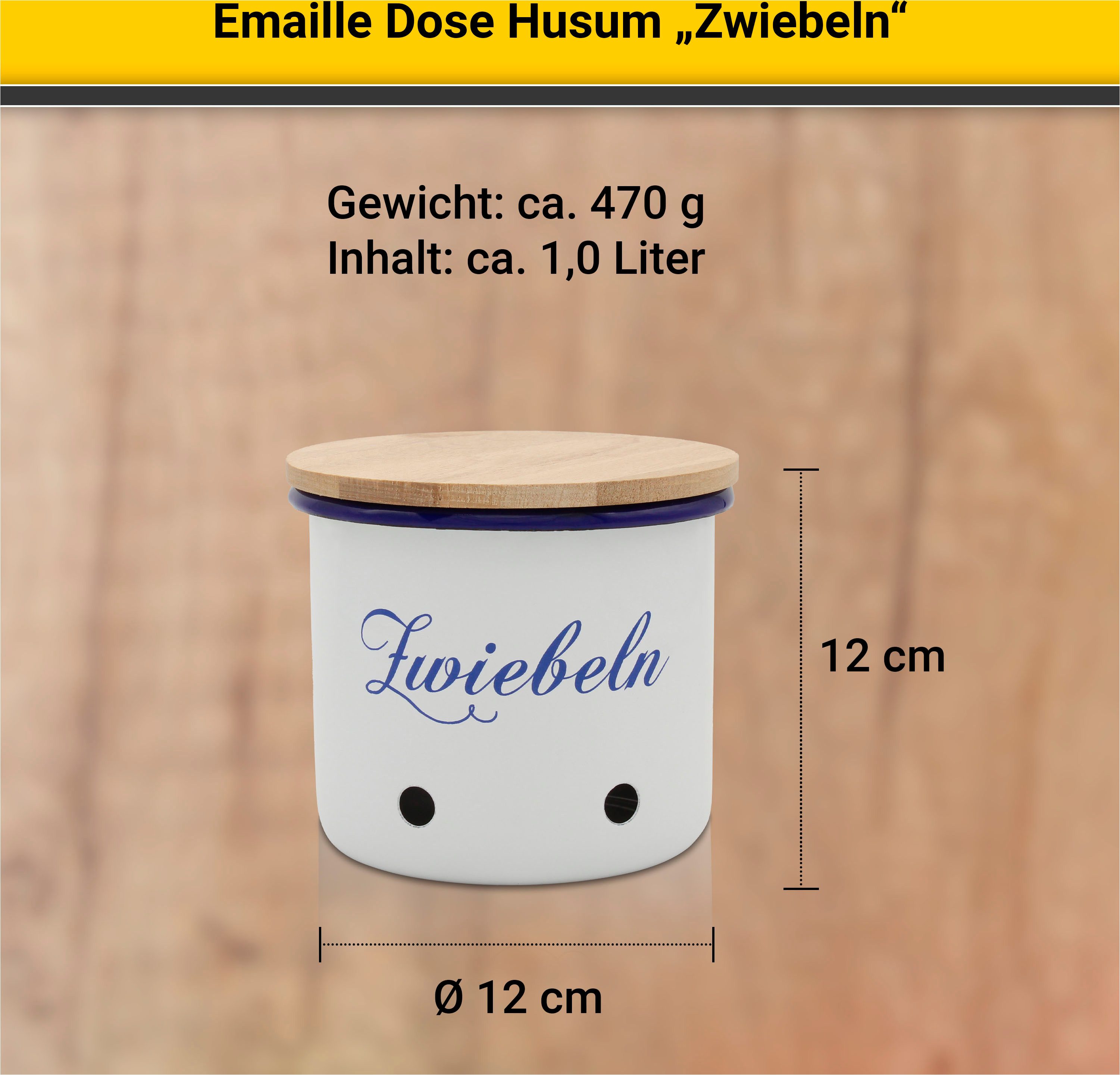 Krüger Voorraadbus Emaille voorraadbus Husum voor uien met houten deksel, 12 cm snij-/krassbestendige oppervlakte, bacteriewerend, extreem duurzaam (1-delig)