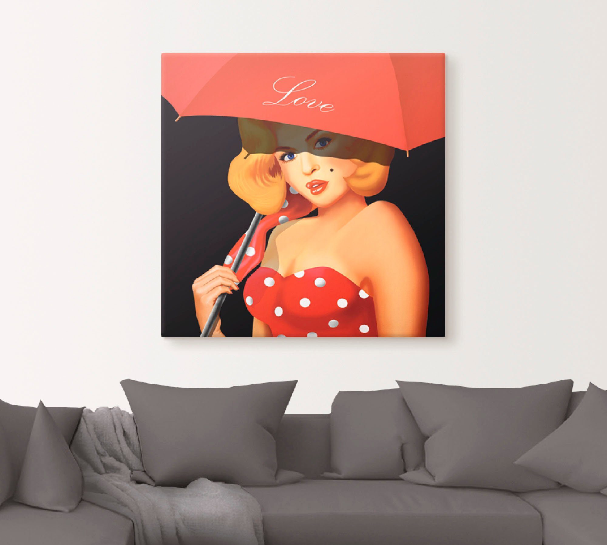 Artland Artprint Pin-upgirl onder rode paraplu als artprint van aluminium, artprint voor buiten, artprint op linnen in verschillende maten