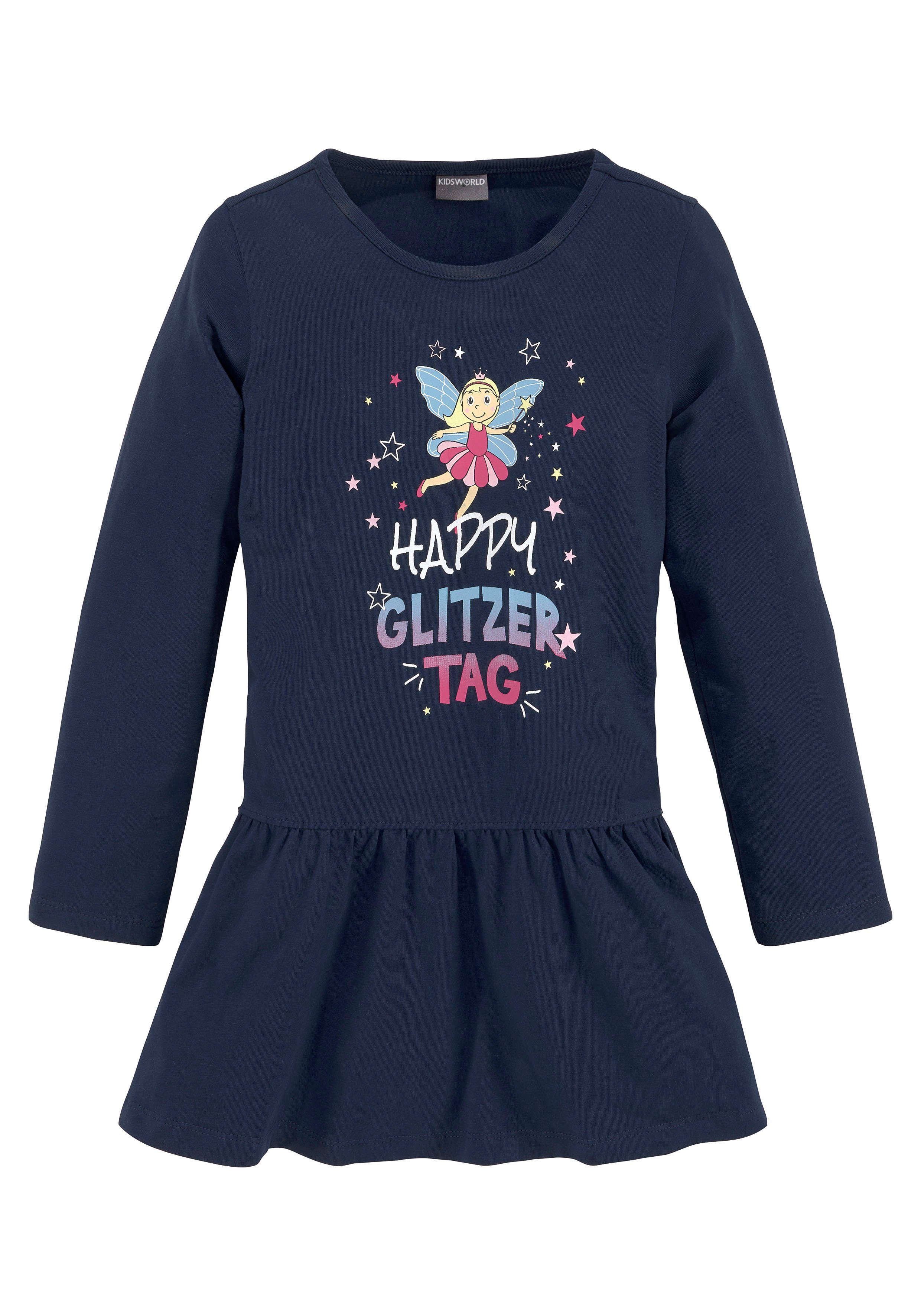 KIDSWORLD Jerseyjurk HAPPY GLITZER TAG knie-vrije lengte, speelse look, van katoenmix