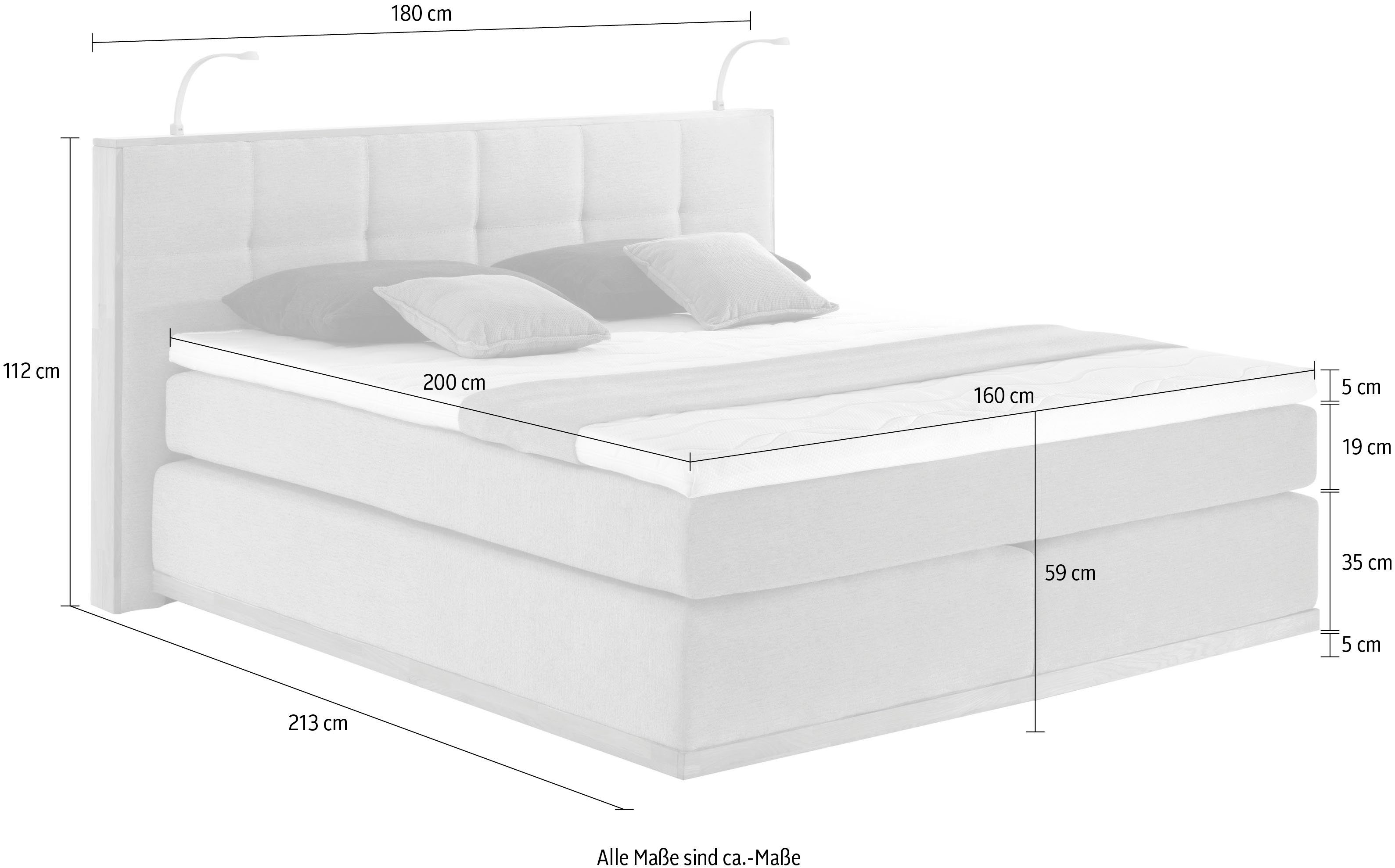 Places of Style Boxspring Vinton van eiken, met ledverlichting, verschillende hardheden (ook h4) (5-delig - 5-delig)