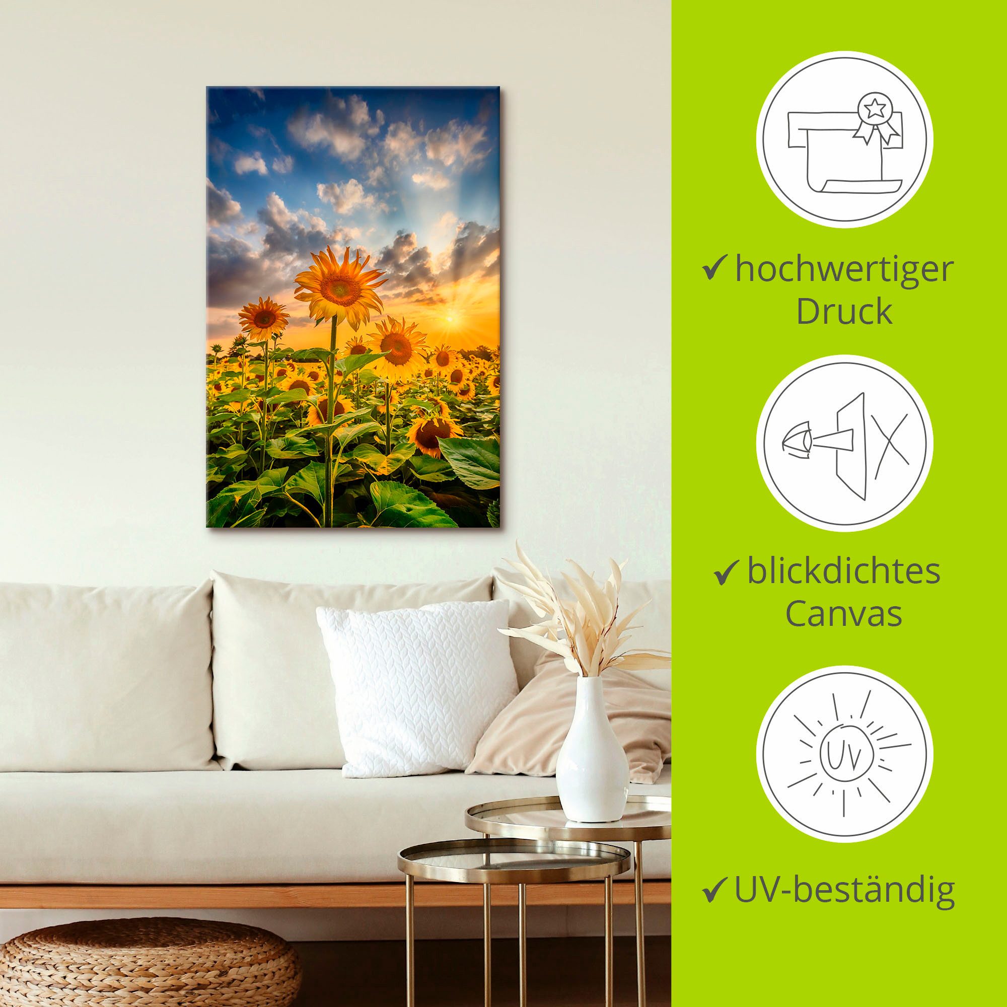 Artland Artprint Zonnebloemen in de zonsondergang als artprint op linnen, poster in verschillende formaten maten