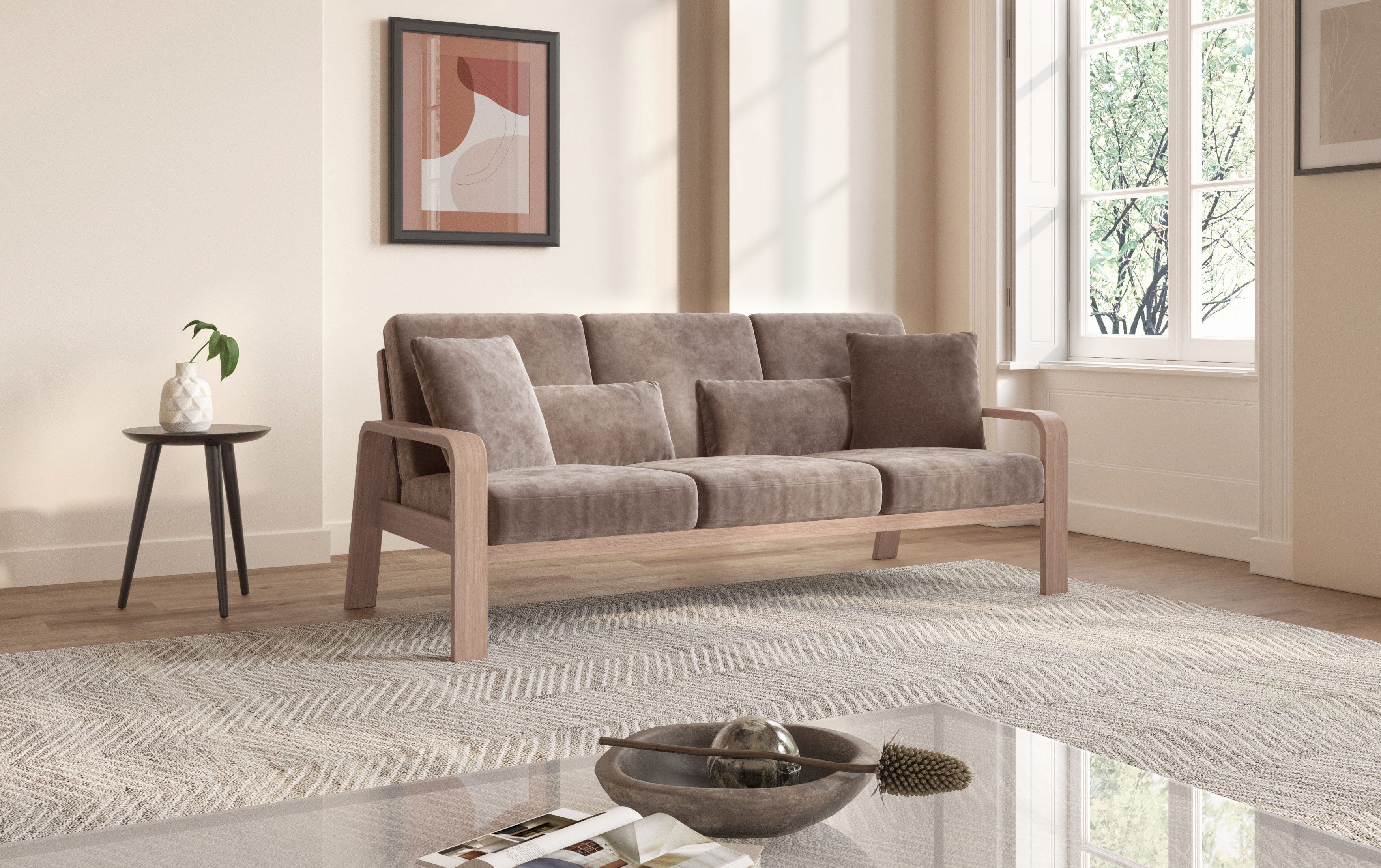 sit&more 3-zitsbank Kolding Armleuningen van natuurlijk beukenhout, verschillende bekledingen en kleuren