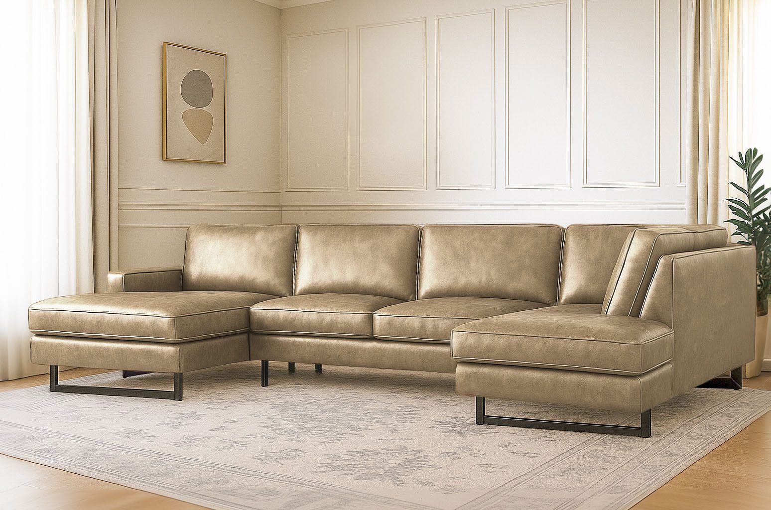 Places of Style Zithoek Pinto, 350 cm, U-vorm, XXL, met ottomanen Cord, chenille, leerlook, met bies, metalen voeten, golfondersteuning