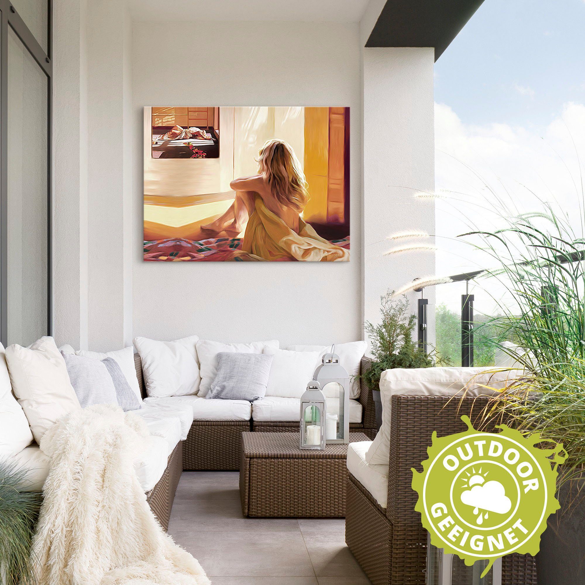 Artland Artprint Blond meisje zit op het bed als artprint van aluminium, artprint voor buiten, artprint op linnen in verschillende maten