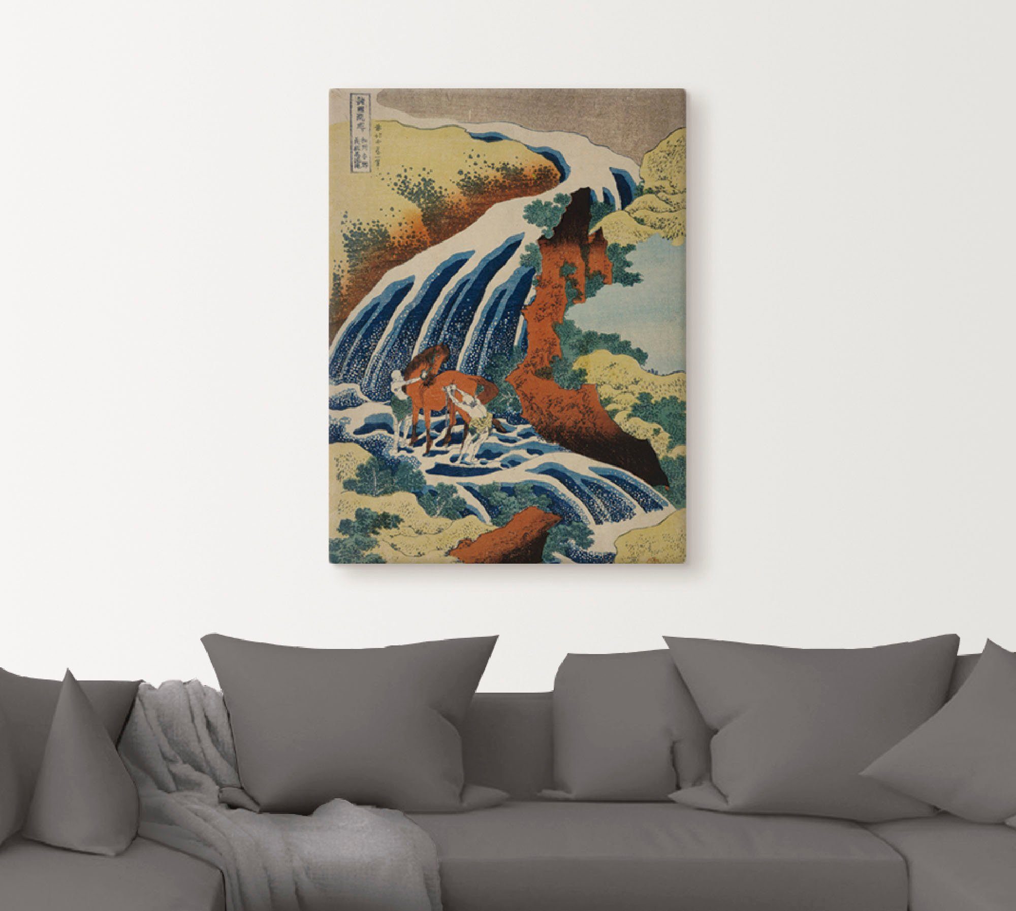 Artland Artprint Mannen wassen een paard bij de waterval als artprint op linnen, muursticker of poster in verschillende maten
