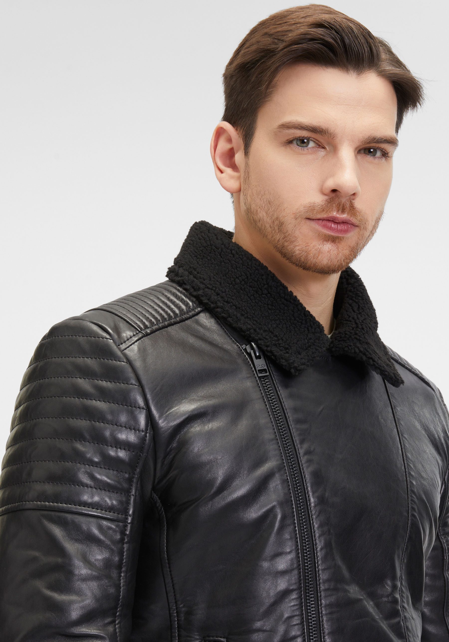 Mauritius Leren jack G2MIdor SF Reverskraag met faux fur, asymmetrische rits