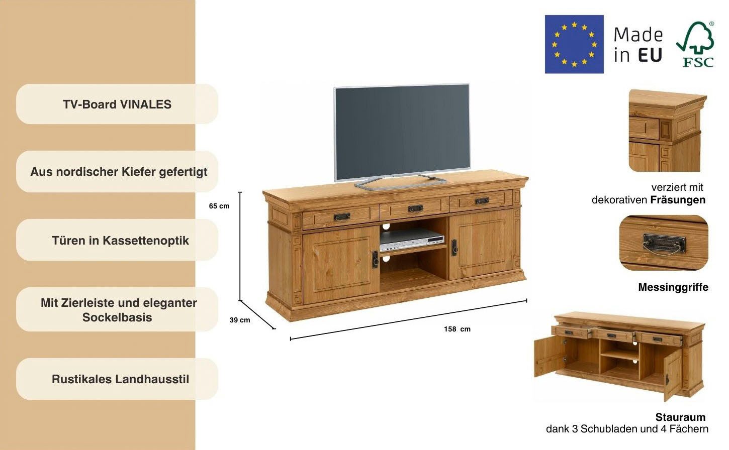 Home affaire Tv-meubel Vinales Breedte 158 cm, met 3 lades