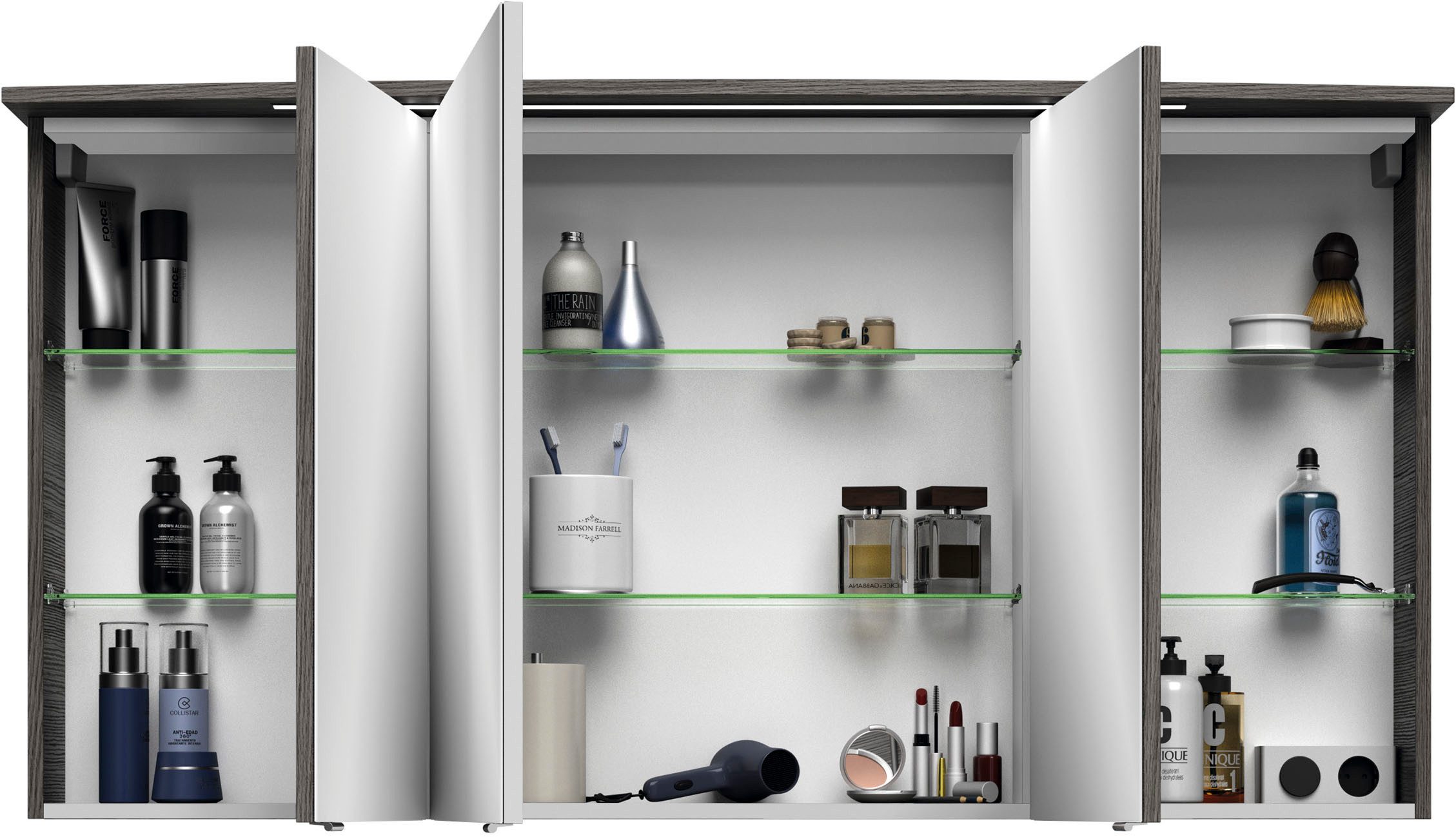 Saphir Badkamerspiegelkast Serie 4010 badkamer spiegelkast incl. LED-verlichting in krans Badkast 142 cm breed, 3 deuren, 6 glazen legplanken, incl. deurdemper