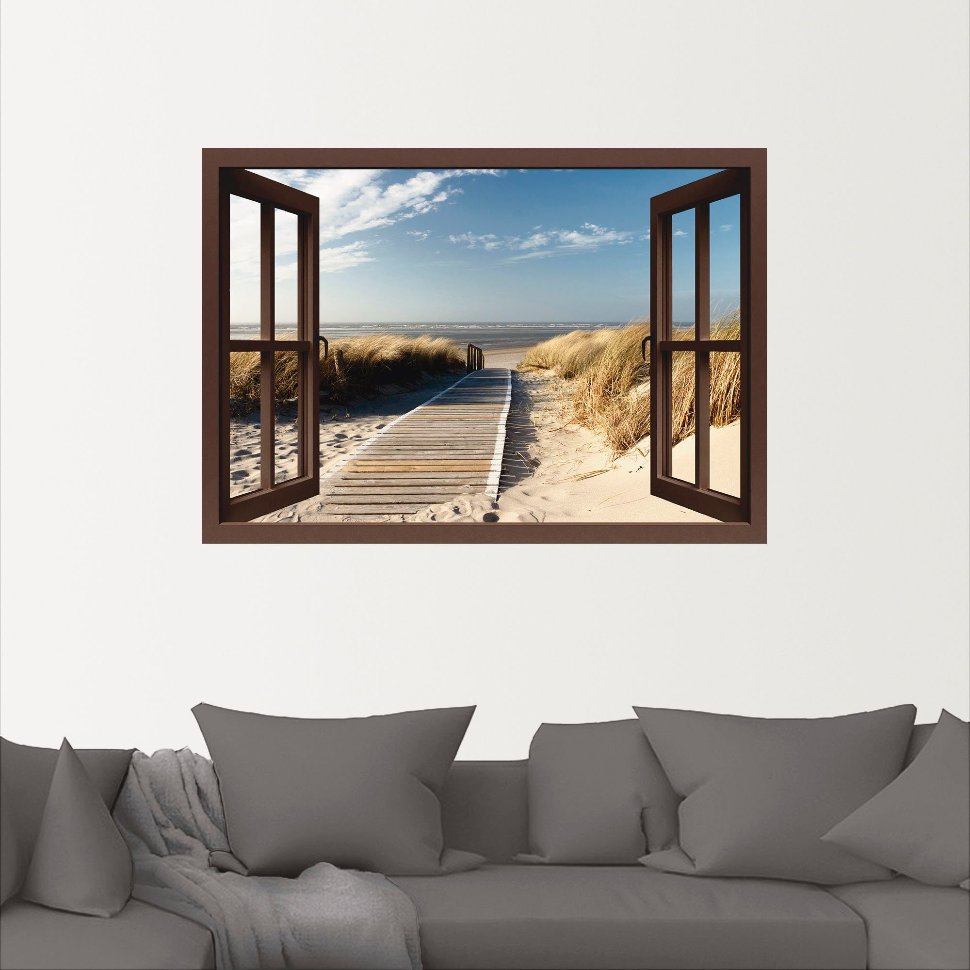 Artland Artprint Blik uit het venster Noordzeestrand op Langeoog als artprint op linnen, poster, muursticker in verschillende maten
