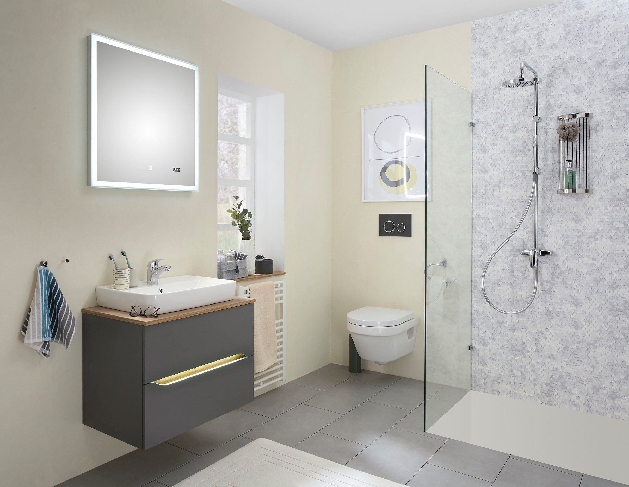 Saphir Badkamerserie Quickset 2-delig, keramieken opzetwasbak met led-spiegel Wastafelmeubel 73 cm breed, inclusief deurdemper, 2 laden (5-delig)