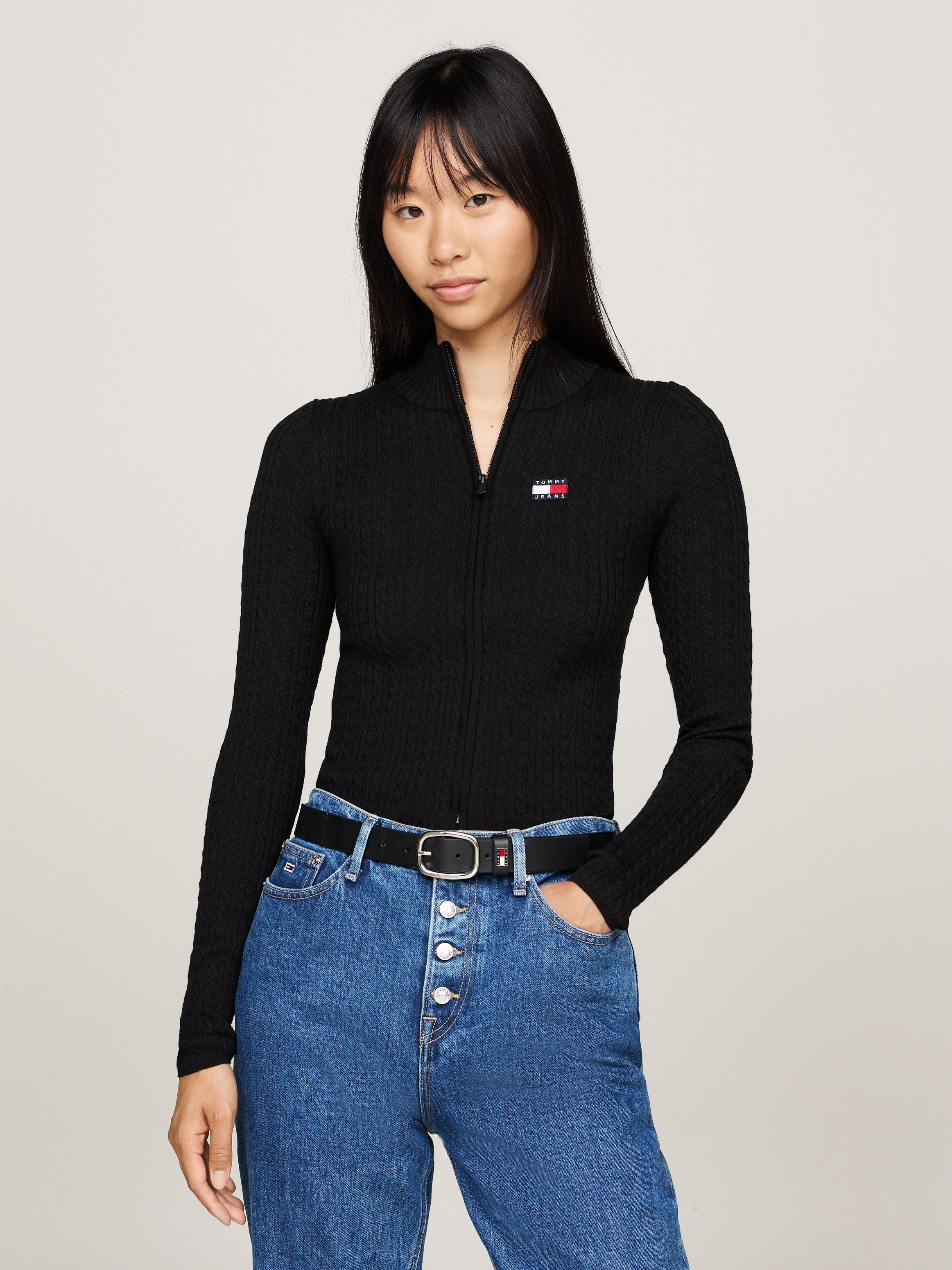 TOMMY JEANS Vest TJW ZIP-THRU CABLE CARDIGAN met kabelpatroon logo-badge