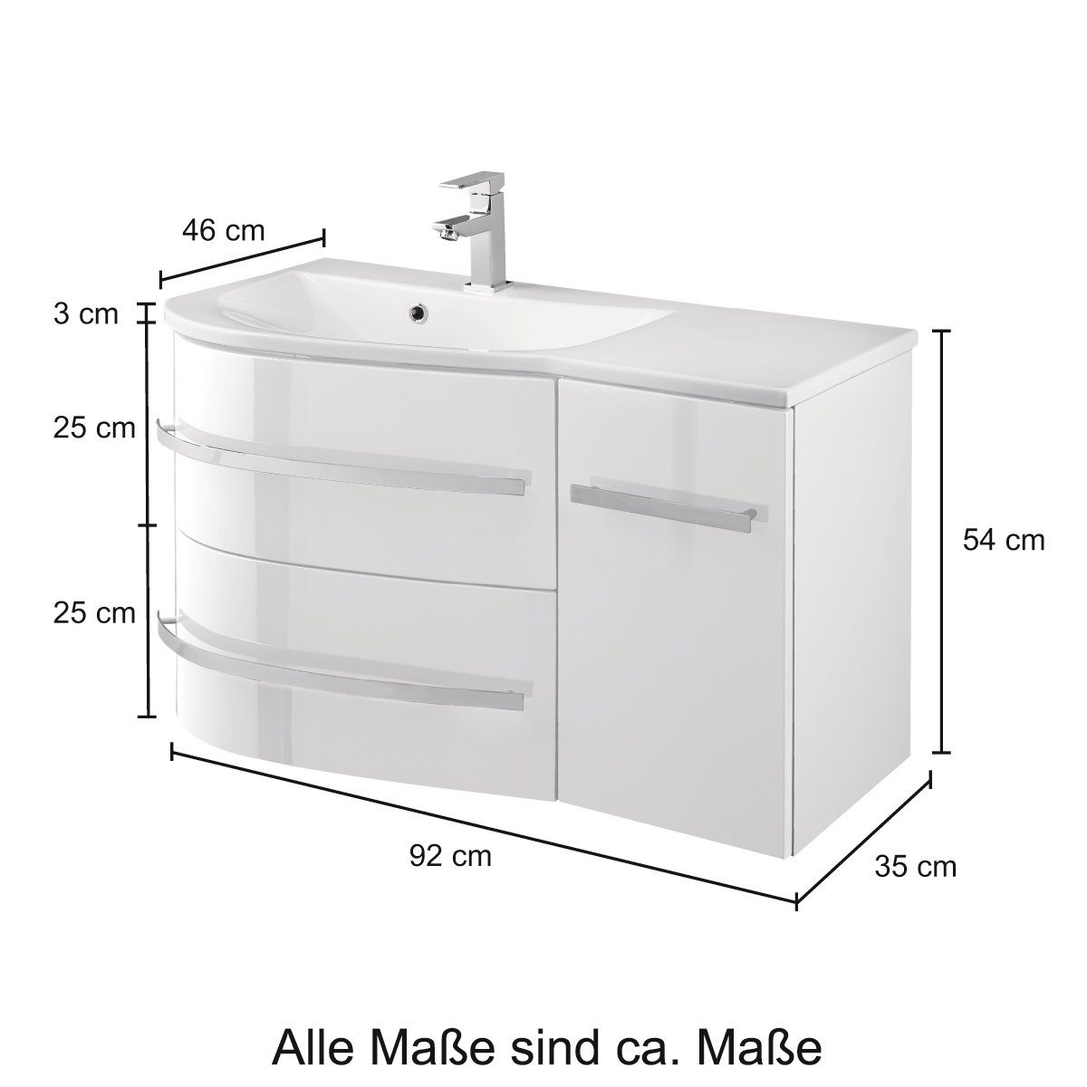 welltime Wastafelonderkast Oslo Breedte 90 cm, gebogen model, planchet rechts