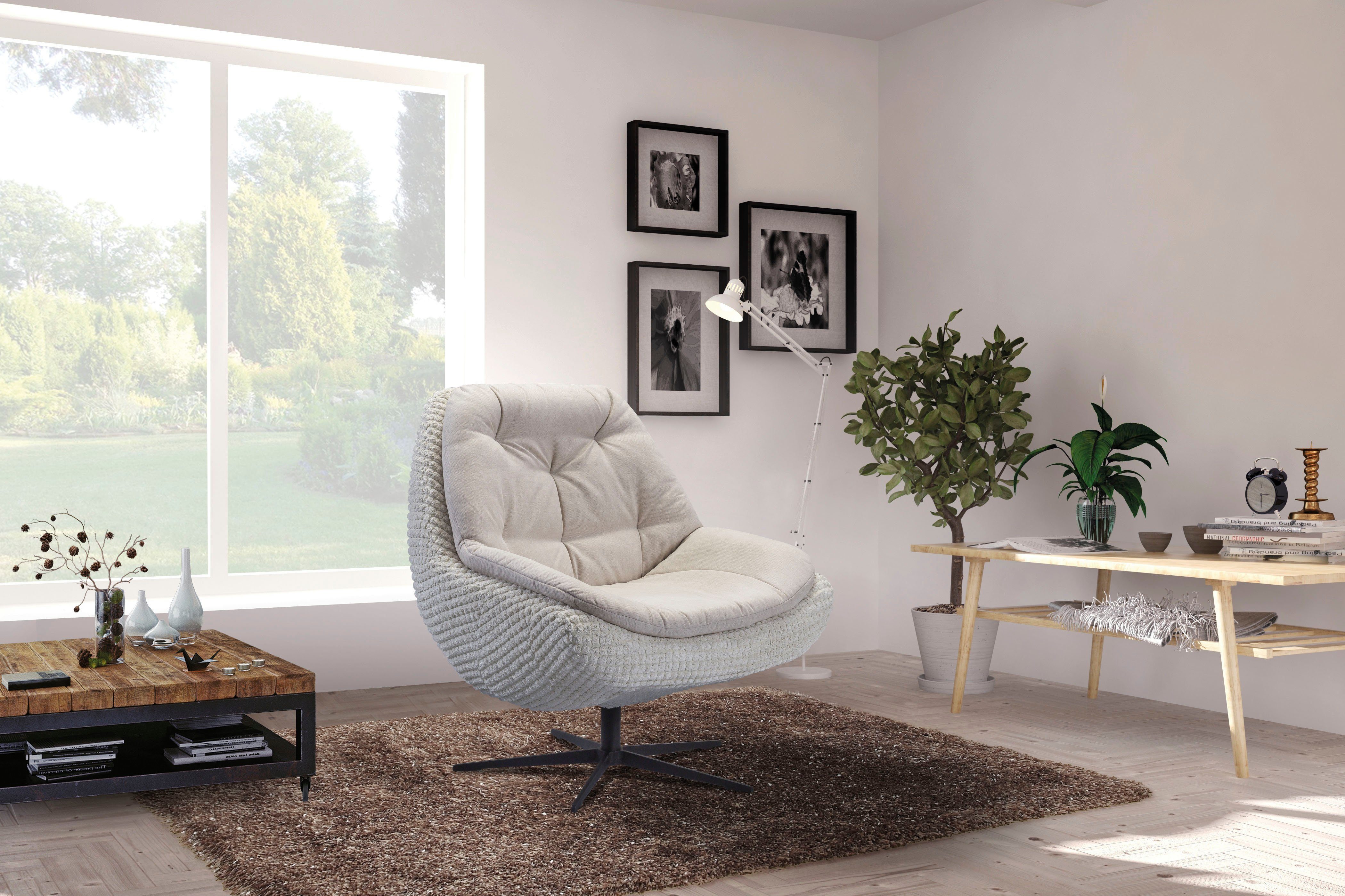exxpo - sofa fashion Draaibare fauteuil Dim, loungestoel in materiaalmix, design en comfort, solitair meubel Comfortabel gestoffeerde draaifauteuil met elegante metalen stervormige voet