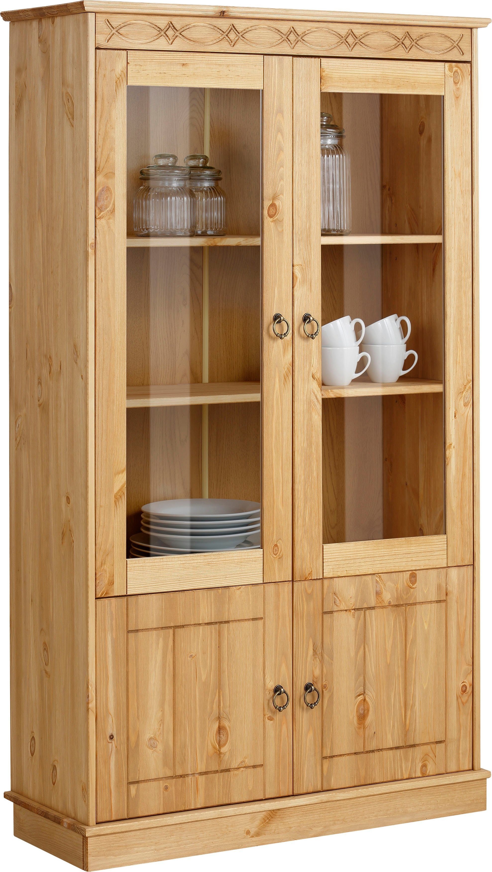 Home affaire Vitrinekast Indra van massief dennenhout, fsc®, hoogte 145 cm, discreet ornament