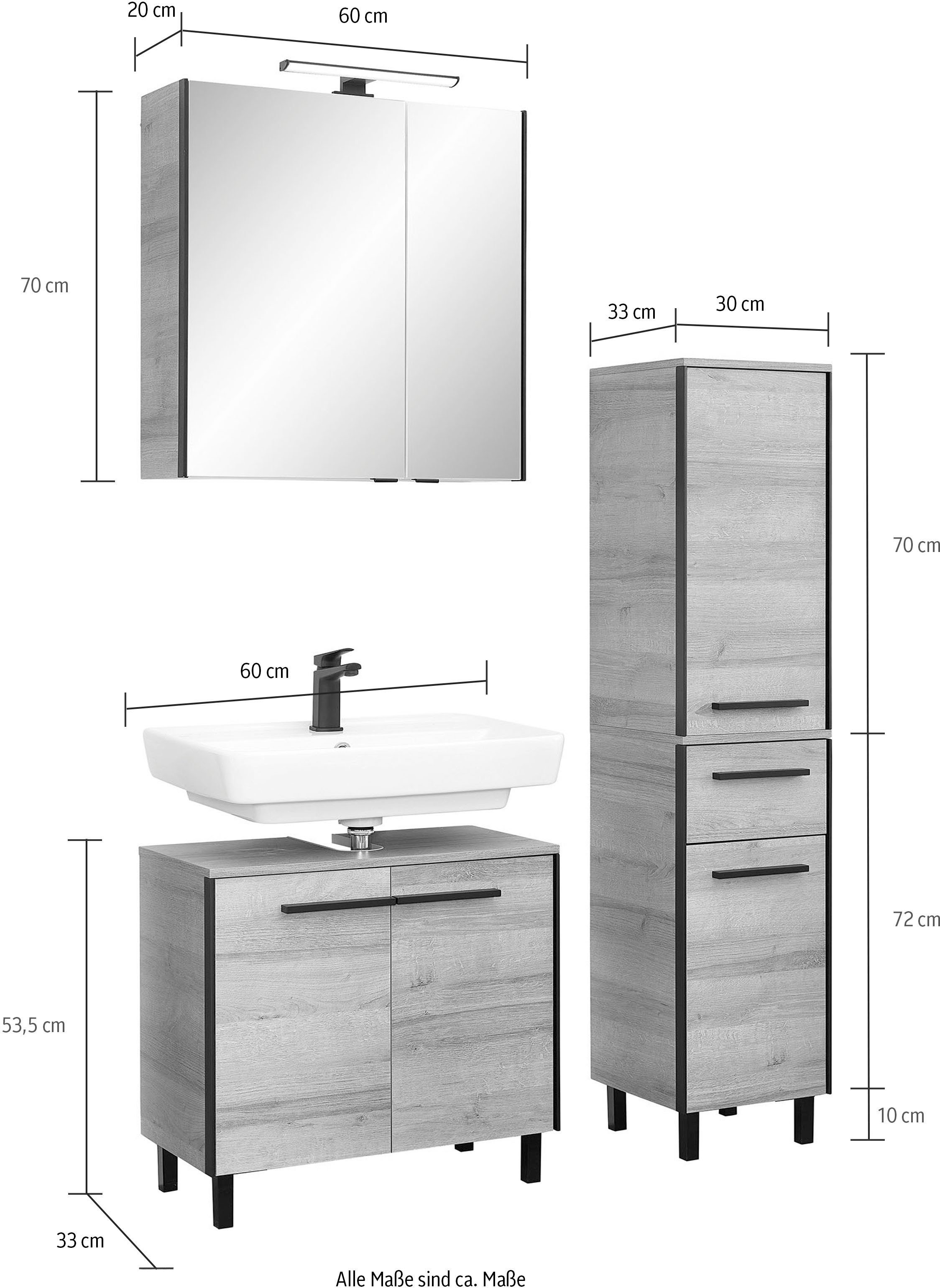 Saphir Badkamerserie Quickset 395 3-delig, wastafelonderkast met led-spiegelkast Middel kast, incl. deurdemper, 6 deuren, 1 lade, badkamer set (4-delig)
