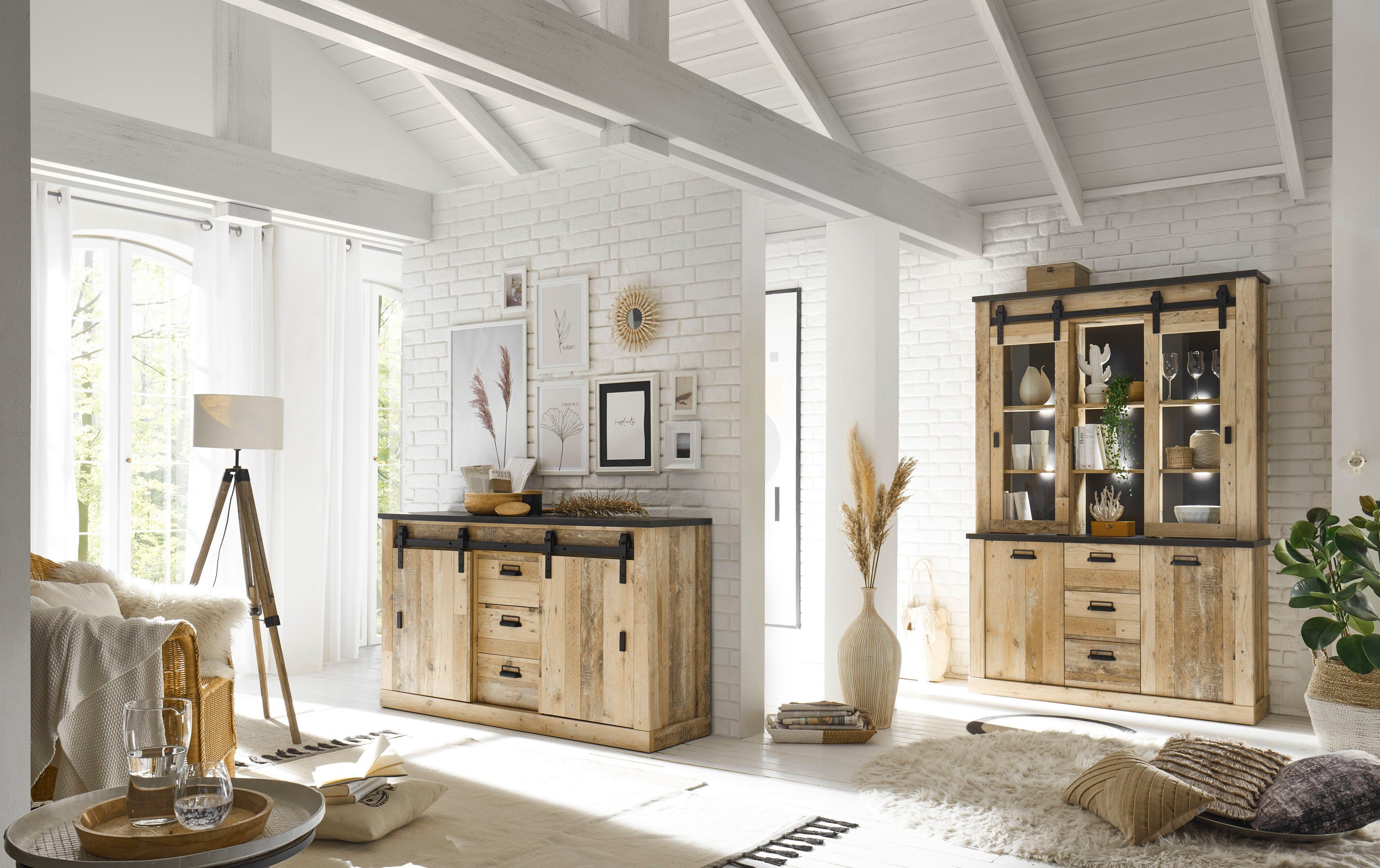 Home affaire Wandmeubel Sherwood Schuurdeurbeslag en apothekersgrepen van metaal, hoogte 201 cm (2-delig)