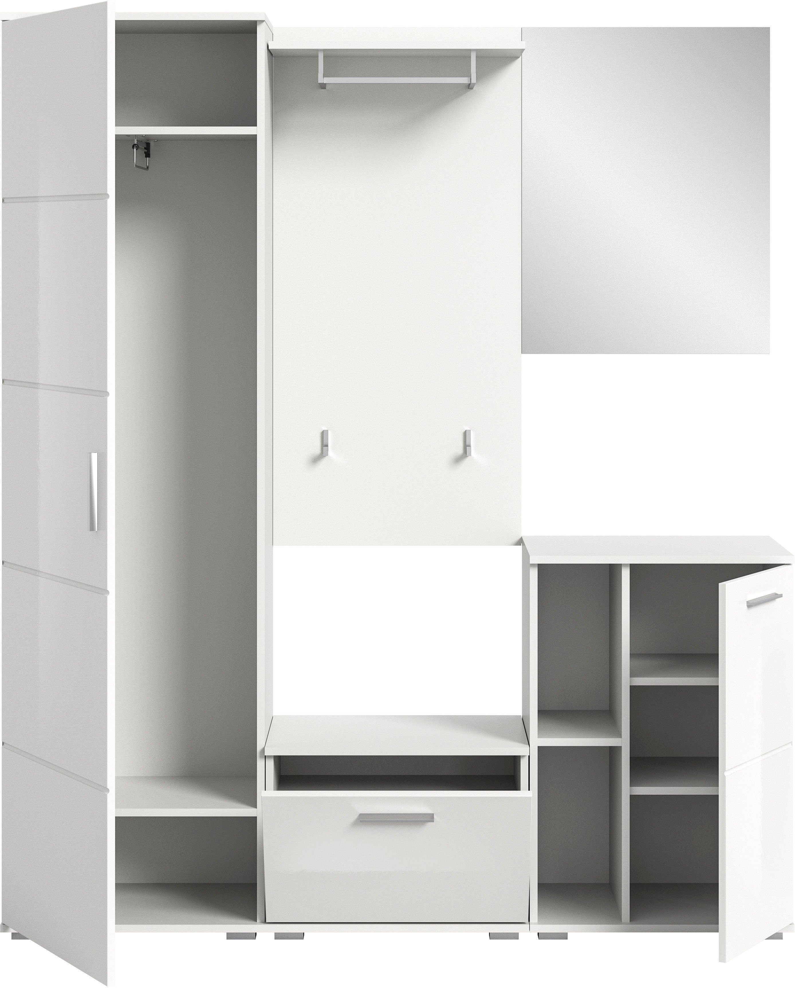 INOSIGN Halmeubelset Valge, Breedte 165 cm, 5-delig Set, bestaande uit: Garderobekast, zitbank, garderobe paneel, schoenenkast & spiegel (5-delig)