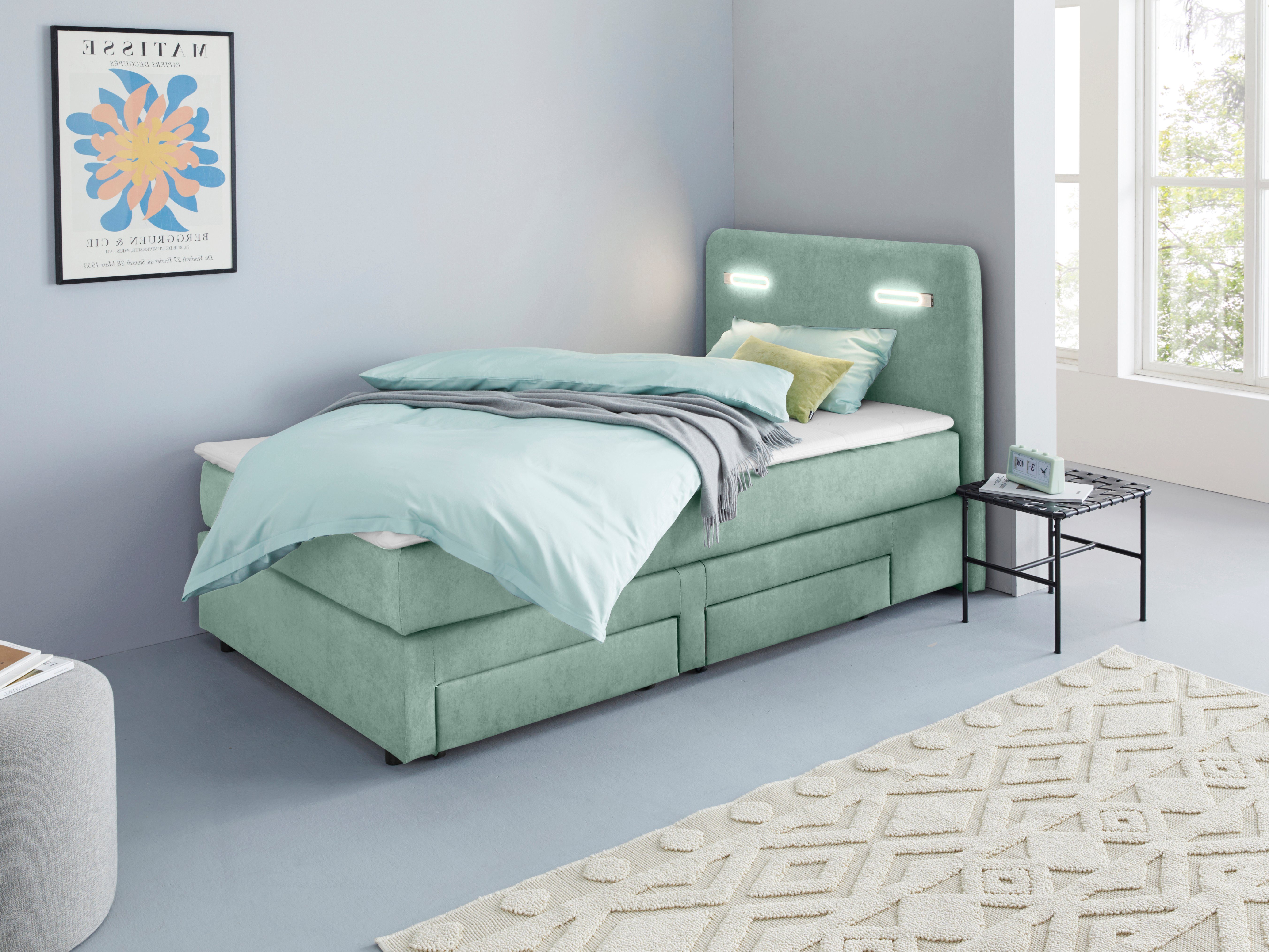 INOSIGN Boxspring Luan Laden, ledverlichting en topmatras, in breedte 120 cm en 180 cm boxsprings groen