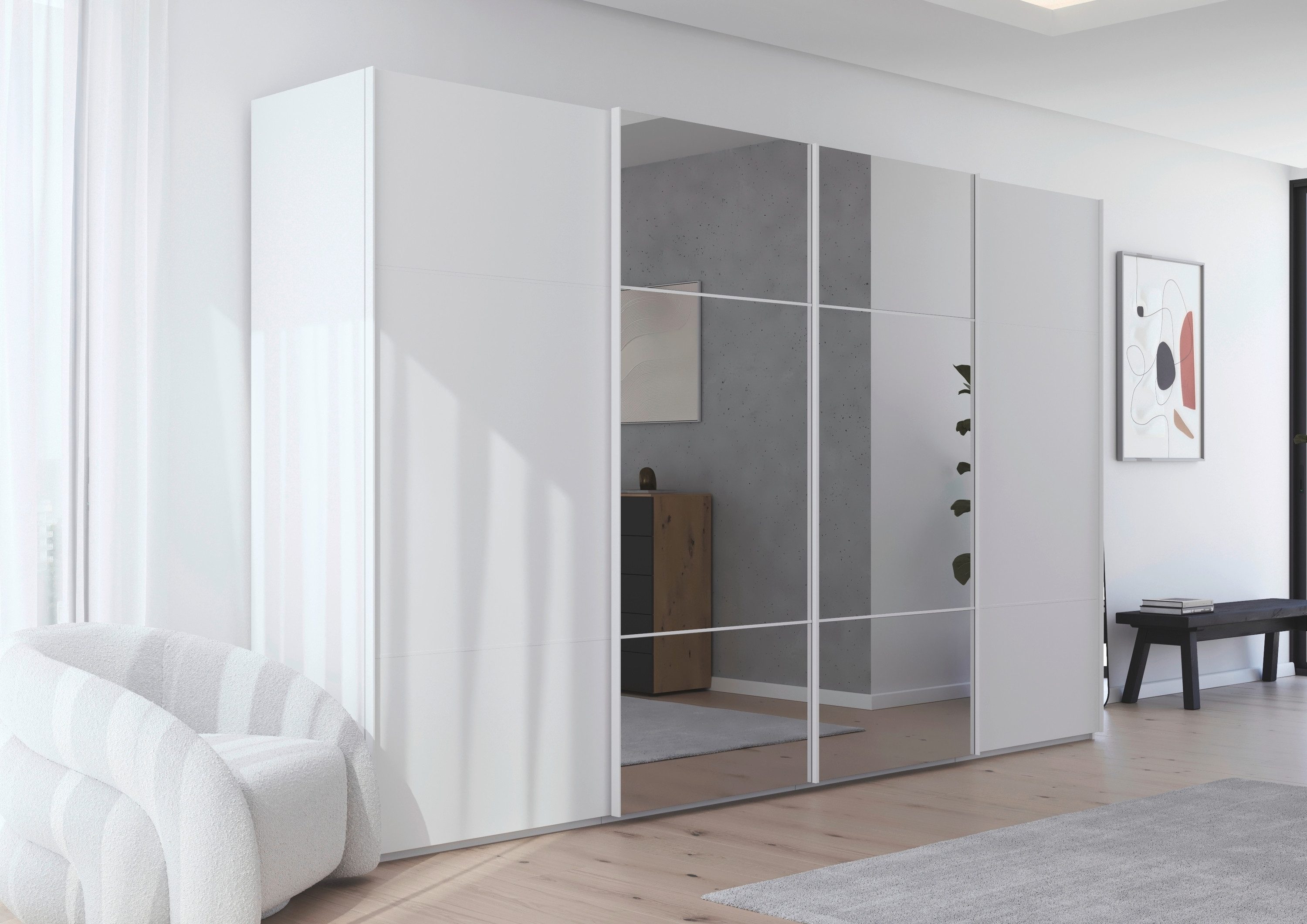 rauch Schuifdeurkast Kledingkast kast garderobe slaapkamerkast SCALE-TRIO edel drievoudig front met 2 sierlijsten en spiegel made in germany