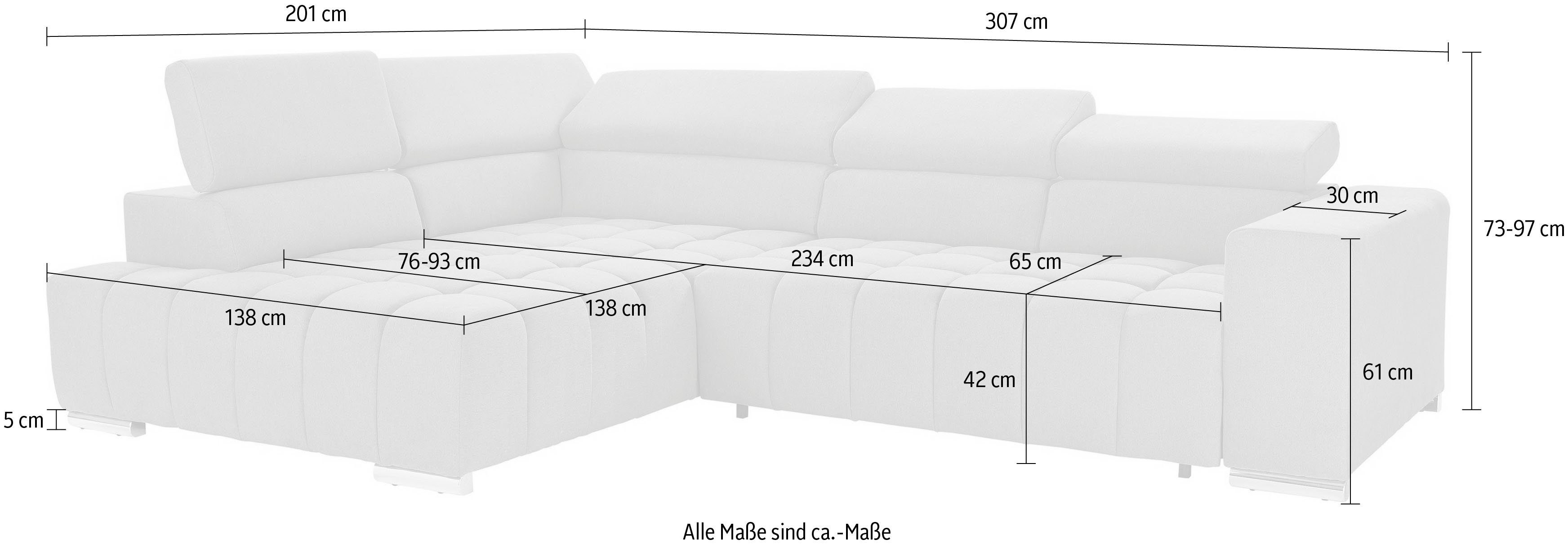 exxpo - sofa fashion Hoekbank Elias, actuele kruissteek in de zitting, comfortabel, L-vorm met verstelbare hoofdsteun resp. rugleuning, naar keuze met slaapfunctie