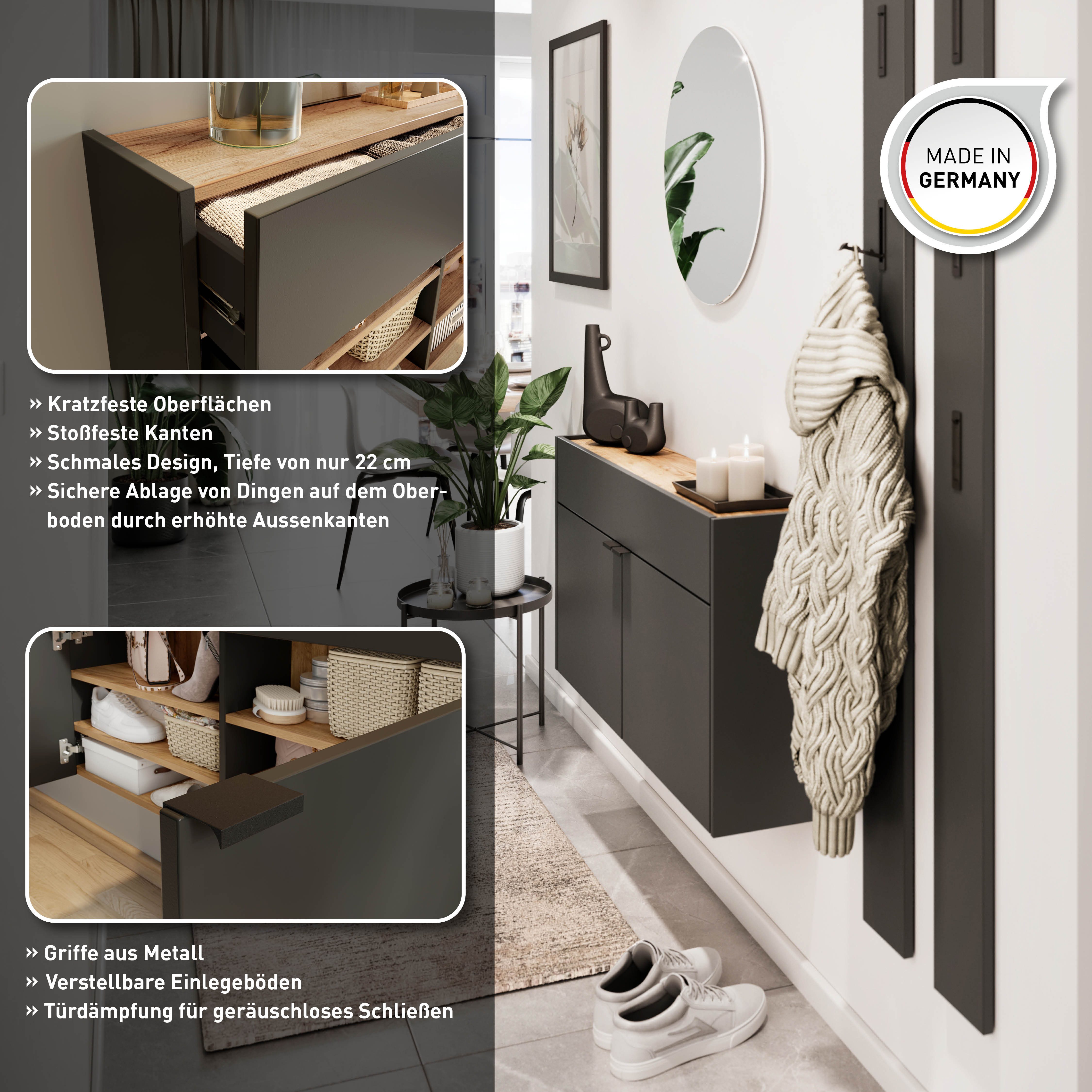 GERMANIA Halmeubelset Ameca met multifunctionele kast, spiegel en kapstokpaneel, geringe diepte (set, 3-delig)