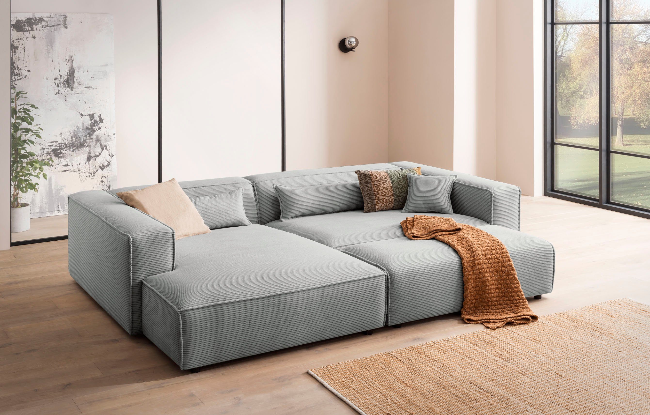LeGer Home by Lena Gercke Hoekbank PIARA XXL, L-vorm met slaapfunctie, Big-sofa in cord of linnenlook Hocker verstelbaar tot slaapbank (krokodillenverbinder), diepe zitting