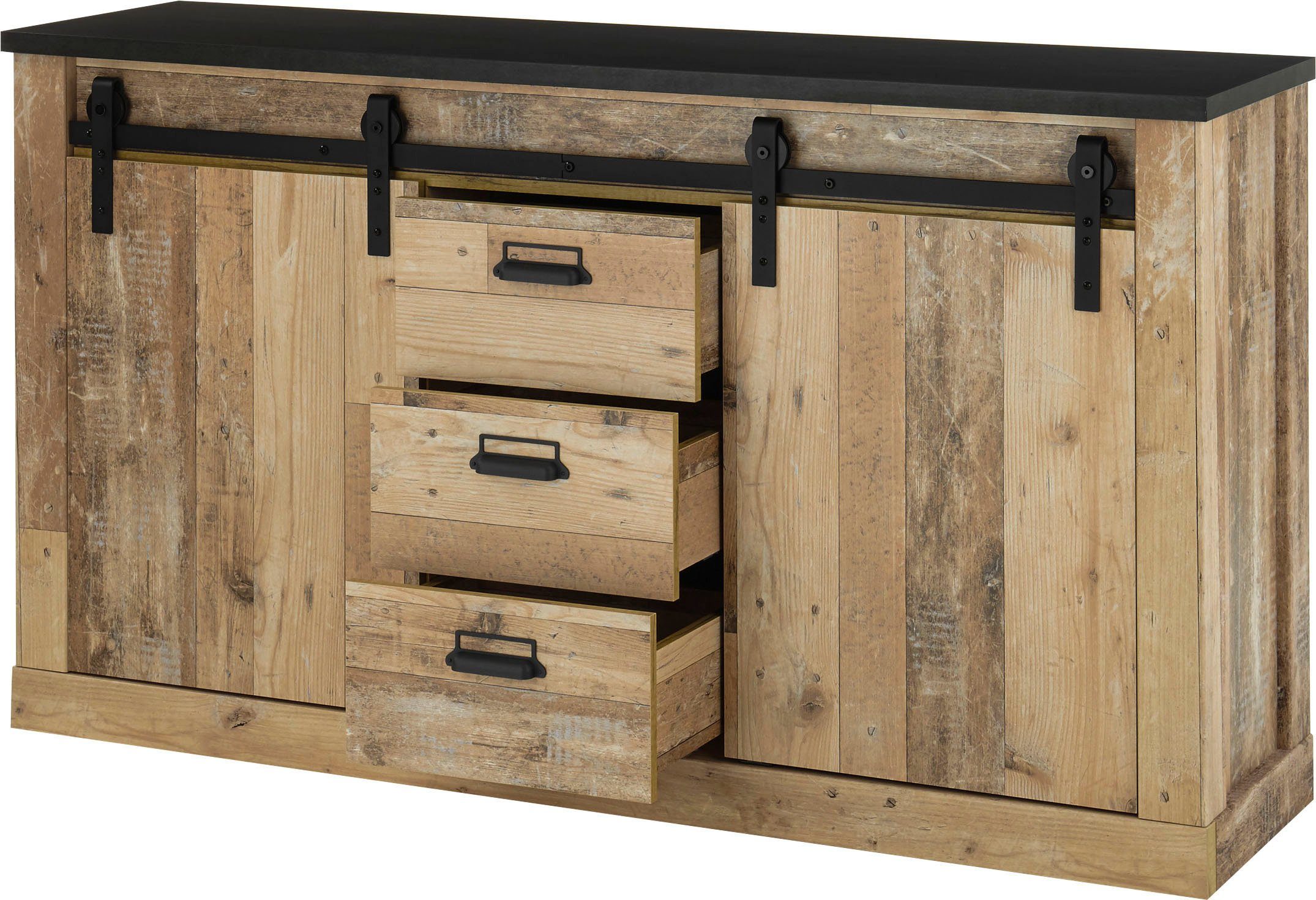 Home affaire Wandmeubel Sherwood Schuurdeurbeslag en apothekersgrepen van metaal, hoogte 201 cm (2-delig)