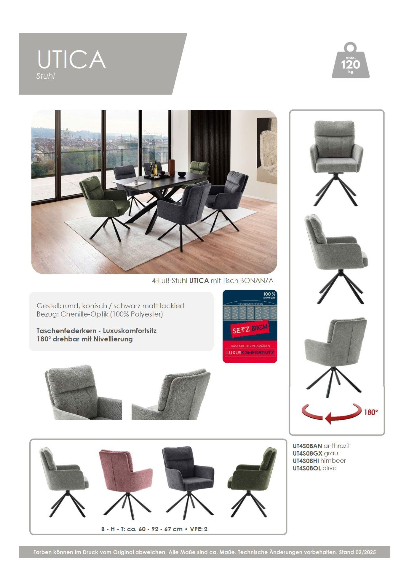 MCA furniture Eetkamerstoel Utica (2-set), draaibaar 180°, pocketvering, zithoogte ca. 50 cm