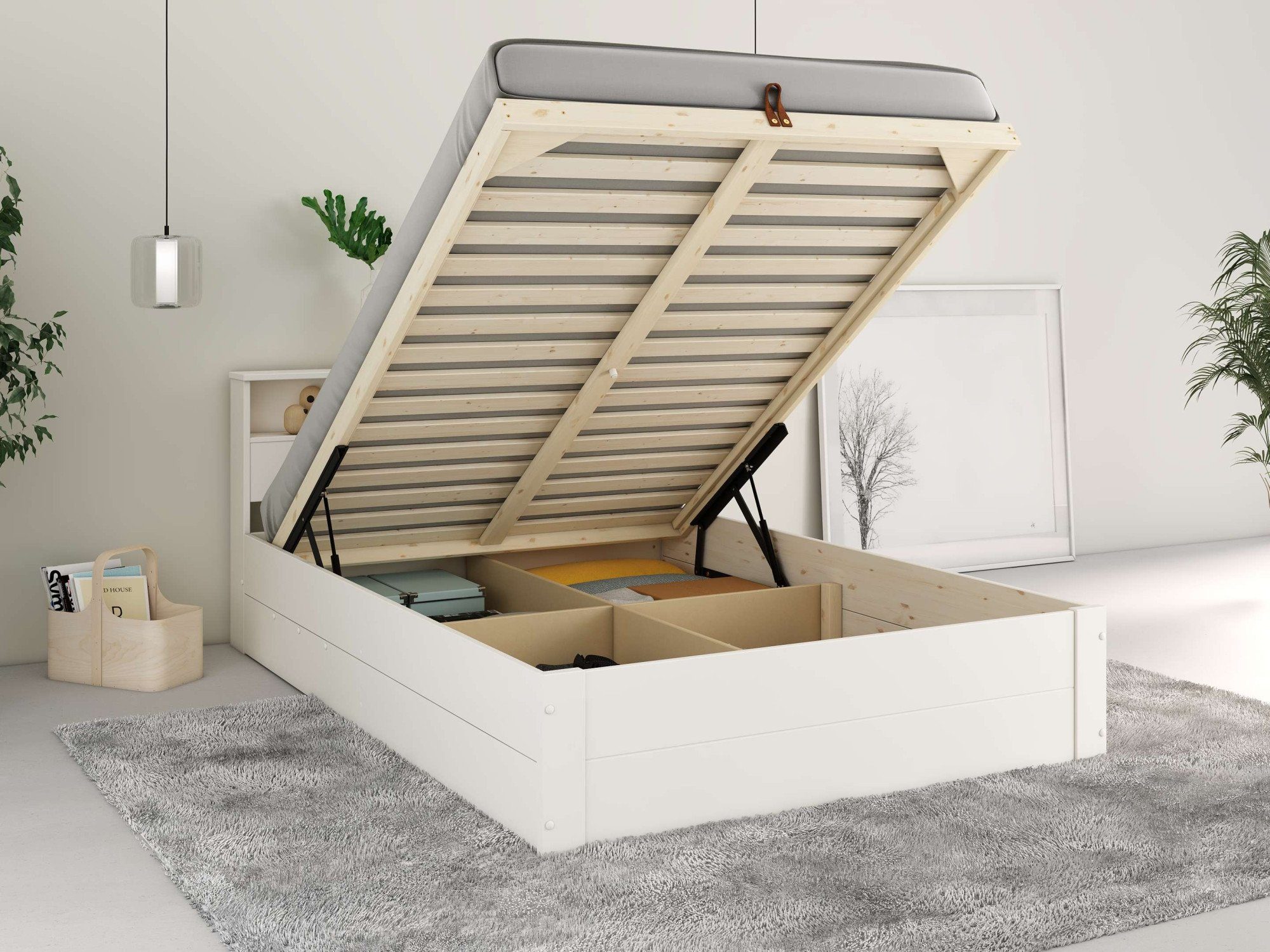 Home affaire Ledikant met bergruimte MAREILLES, bedlade met praktische indeling zorgt voor orde Massief hout, hefmechanisme, opbergruimte in het hoofdeinde en onder het bed