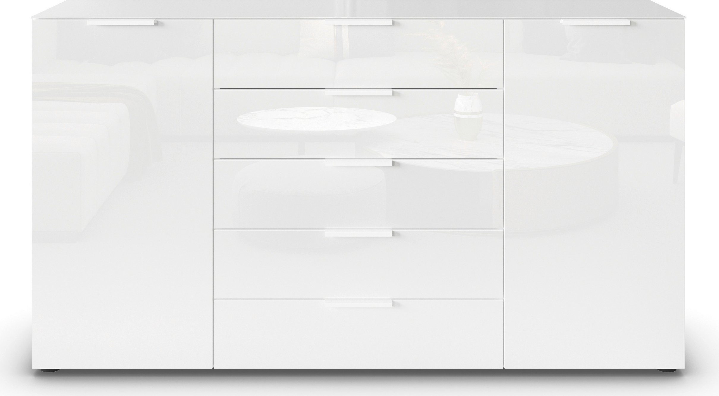 rauch Ladekast Flipp kast sideboard waskast 2-deurs, 5 laden, soft-close, bovenblad en glazen front, 2 breedtes