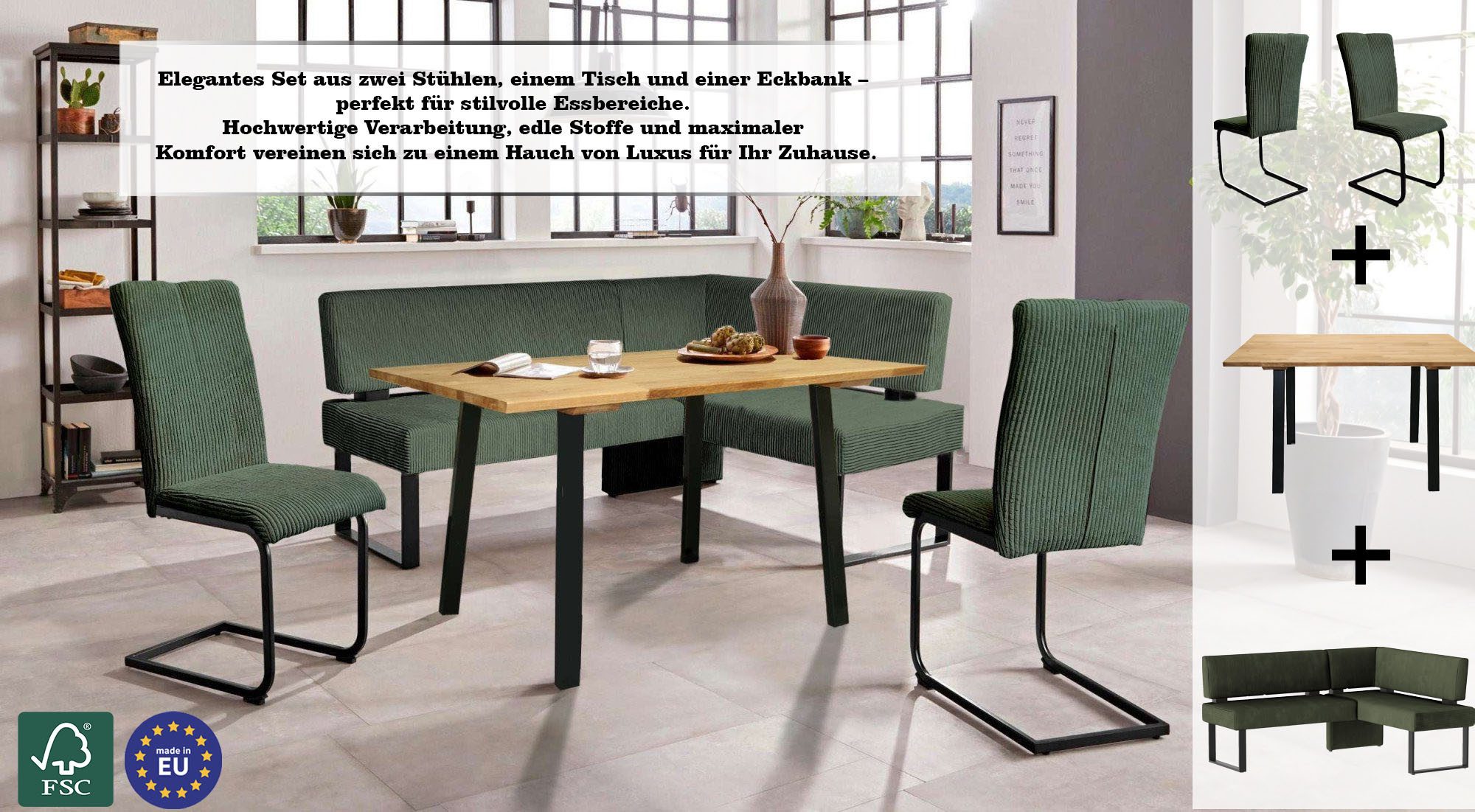 Home affaire Eethoek Oliver Hoekbank met golfvering in de zitting, tafel massief eiken (set, 4-delig)