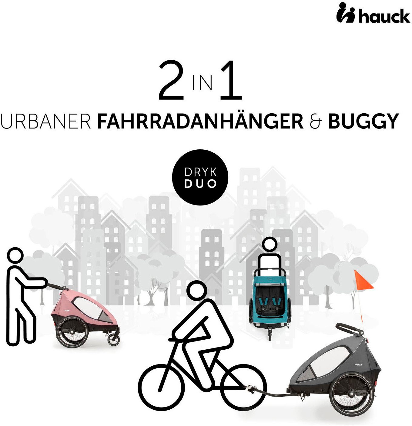 Hauck Kinderen fiets aanhanger Dryk Duo, Ocean Green voor 2 kinderen, incl. buggy-wiel