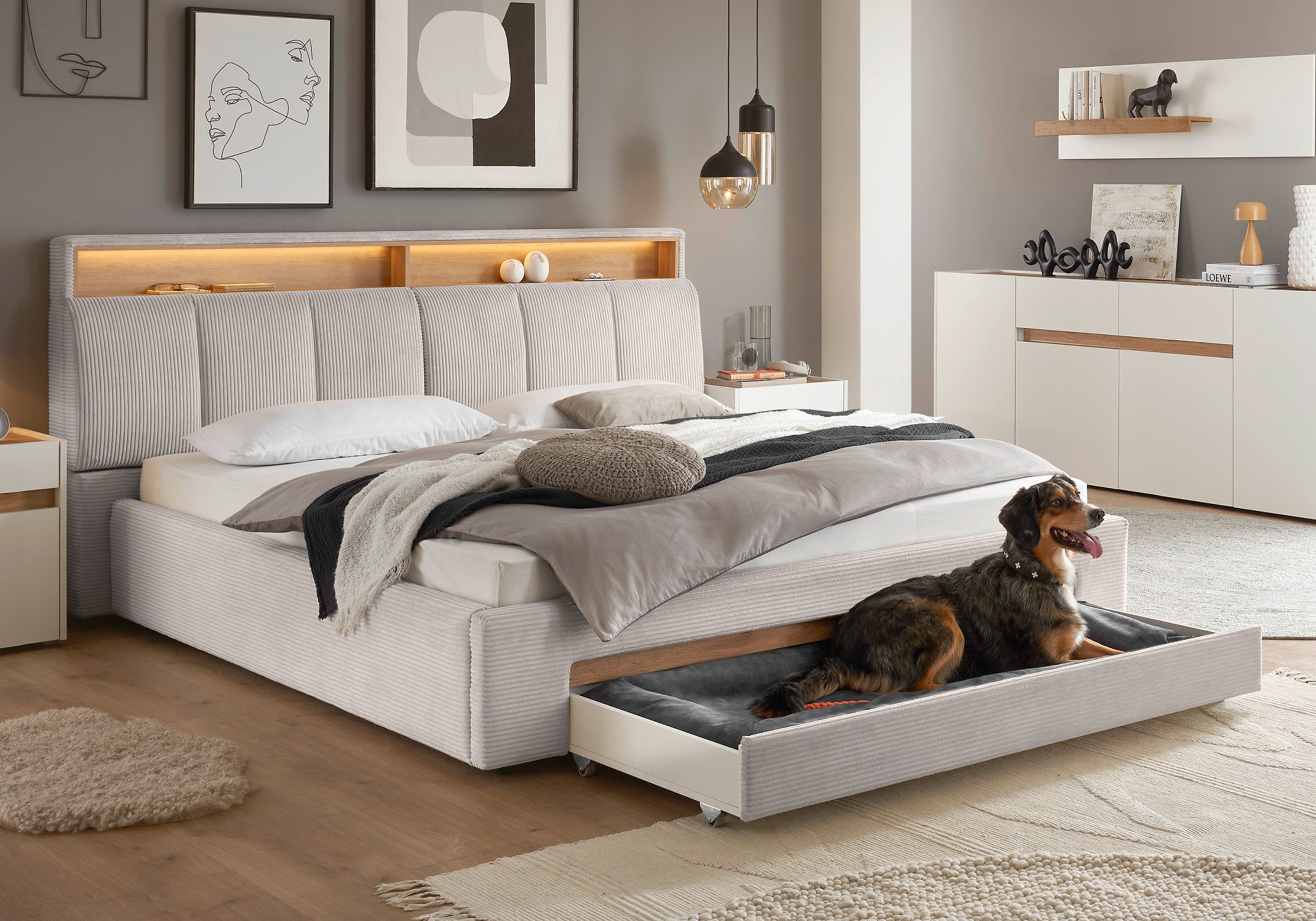 INOSIGN Gestoffeerd bed CiTY/GiRON,, gepolsterd opbergbed, met LED-verlichting Bedkisten met hondenbed of als opbergruimte, opklapbare hoofdeinden