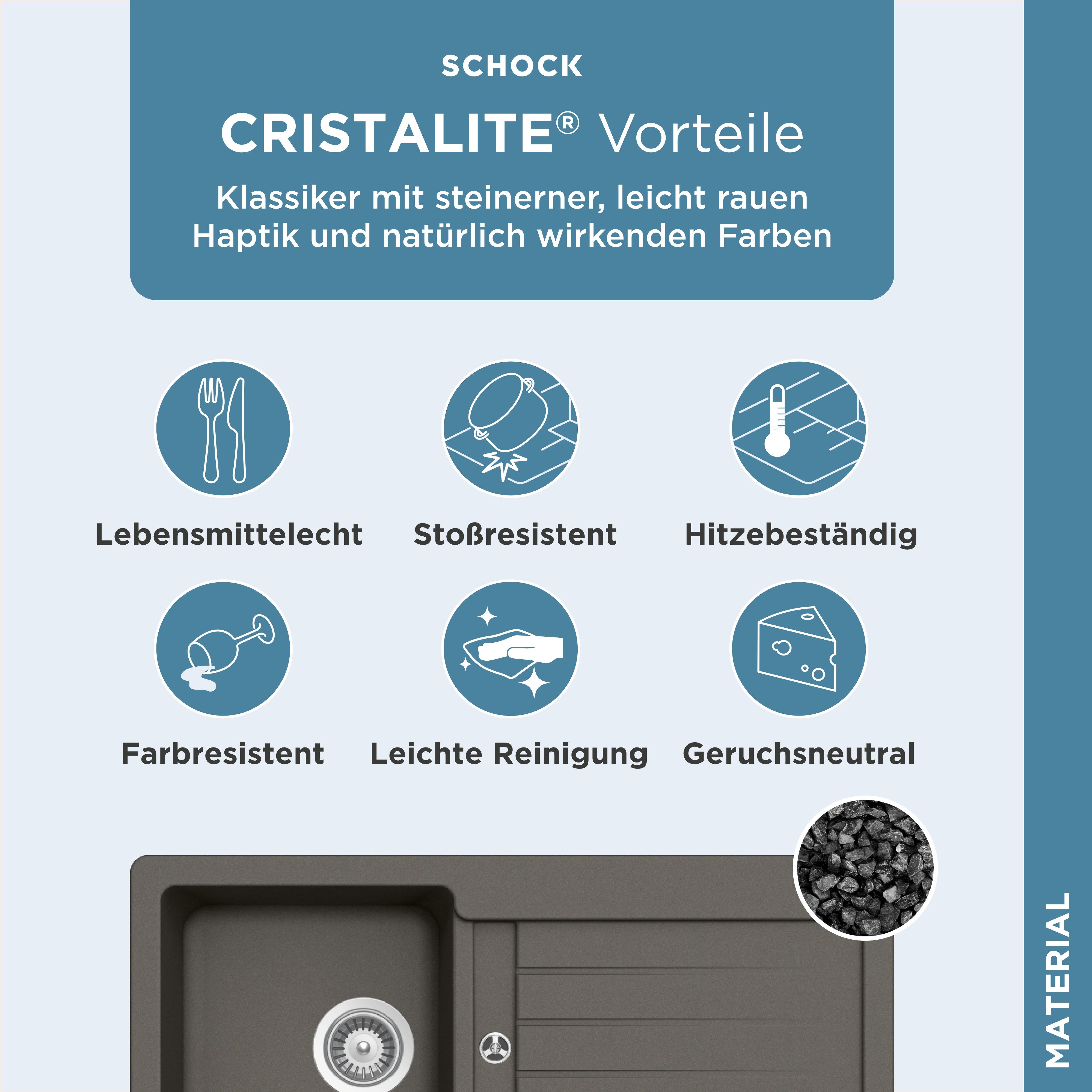 Schock Granieten spoelbak Typos D-100 S met afvoer en druppelzone, links en rechts in te bouwen