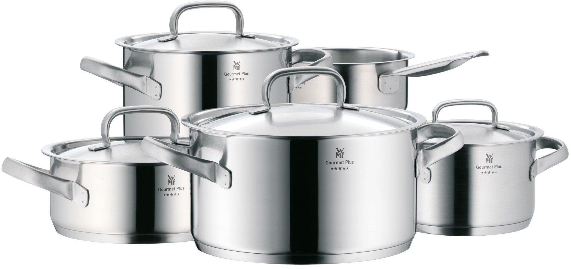 WMF Pannenset Gourmet Plus, inductiepannen set ongecoat met metalen deksel Binnenschaalverdeling, vaatwasmachinebestendig, geschikt voor alle soorten fornuizen (set, 5-delig)