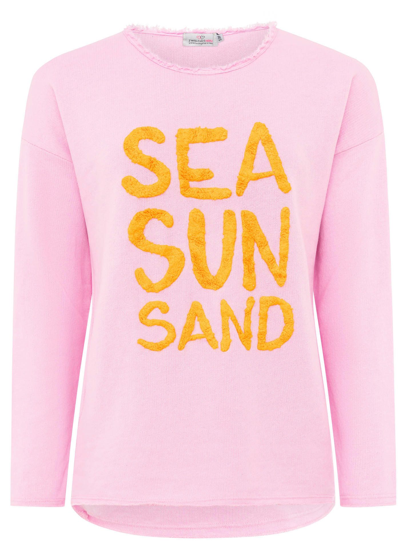 Zwillingsherz Sweater "Sea Sand Sun" Met grote flock-opschrift in opvallende kleur