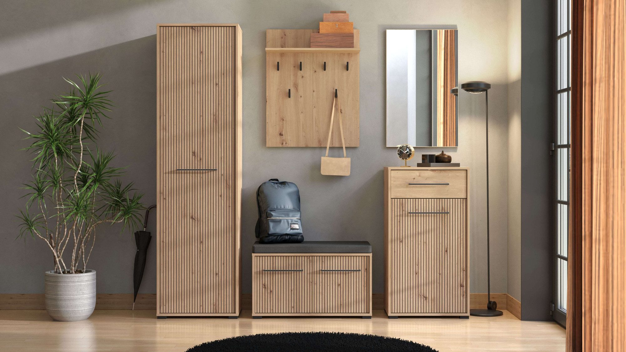 INOSIGN Halmeubelset Landes, halmeubelen, breedte 189 cm, in artisan eik met strepen (set, 5-st) incl. 2 kasten, zitbank, garderobe paneel en spiegel (complete set, 5-delig)