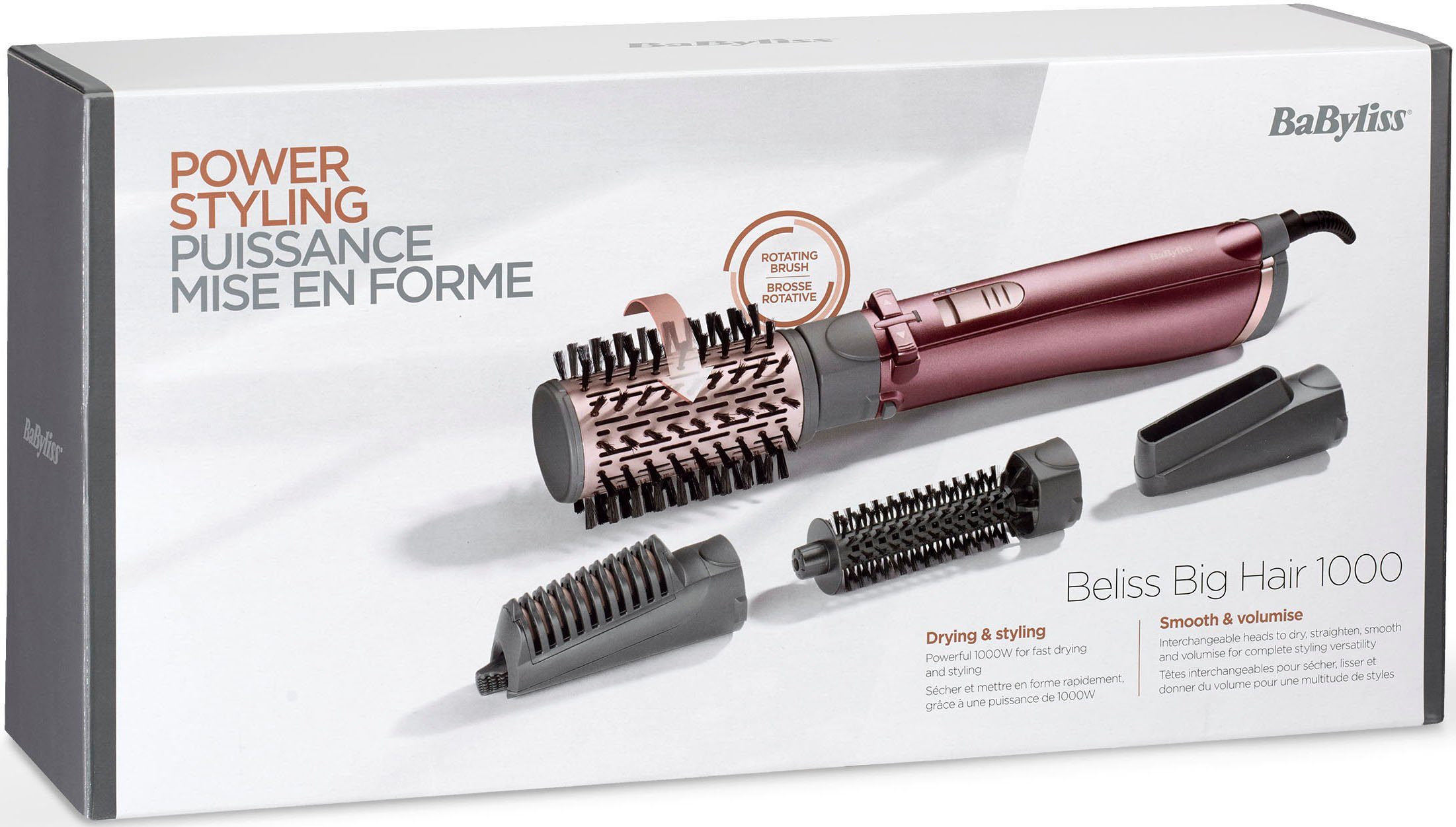 Babyliss Stylingborstel met warme lucht AS960E Beliss Big Hair roterende heteluchtstijltang met 4 opzetstukken inclusief tas