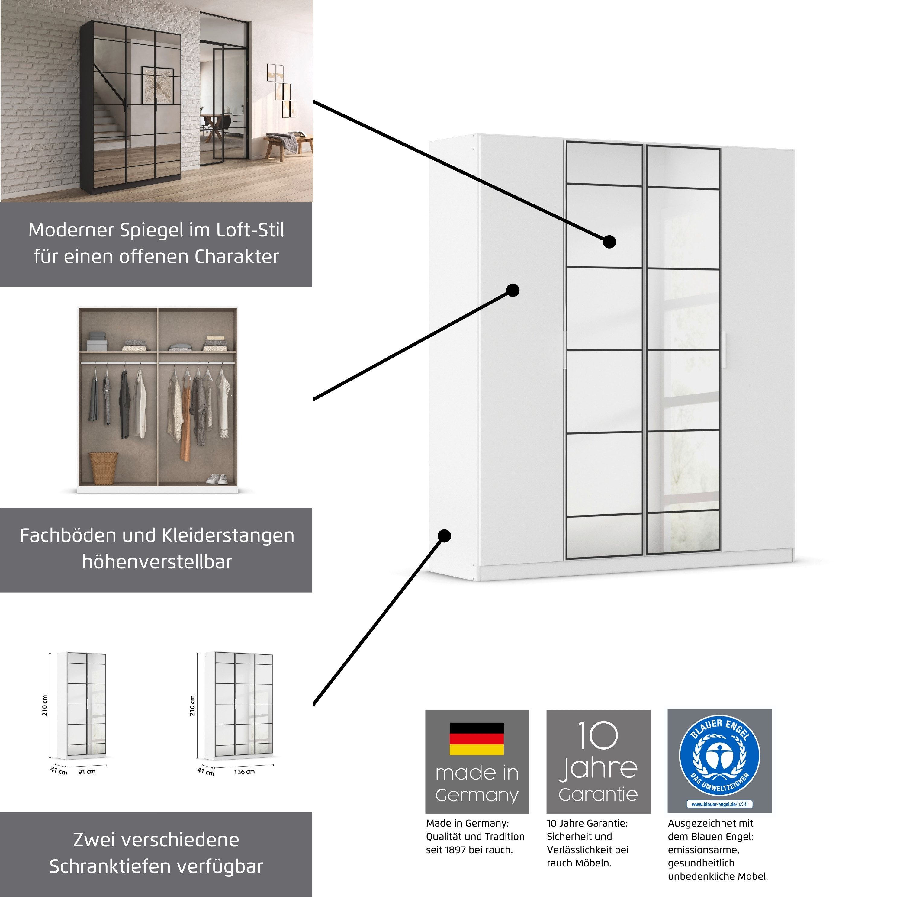 rauch Draaideurkast Kledingkast Kast Garderobe Slaapkamerkast ACERO Middeldeuren met spiegel in moderne loft-look MADE IN GERMANY