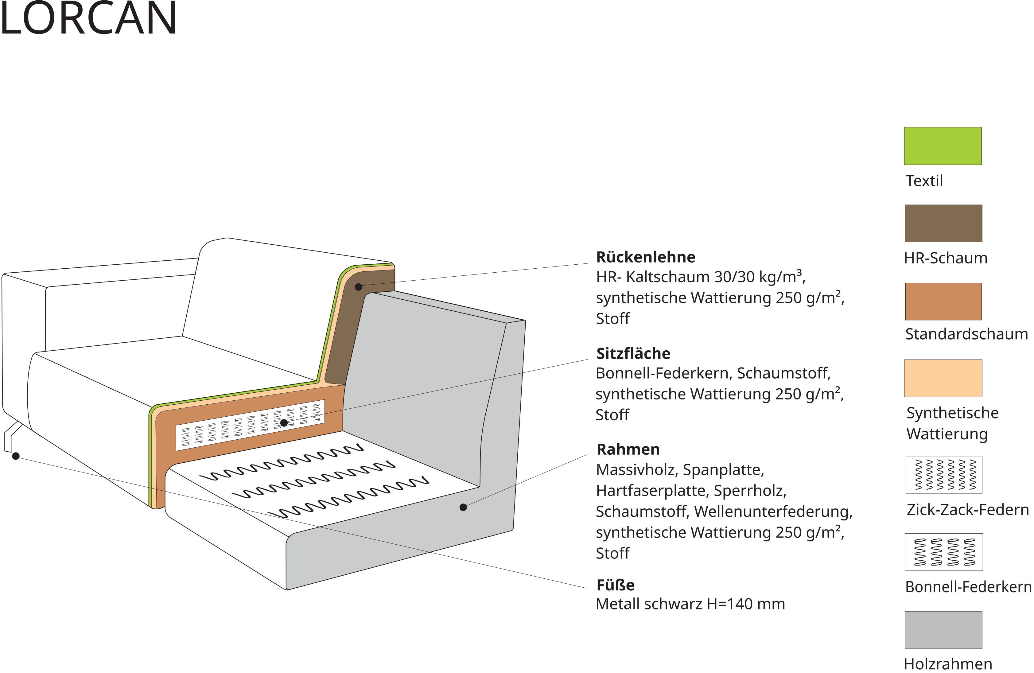 Places of Style Hoekbank Lorcan, breedte 275 cm, zacht zitgevoel met zwarte metalen poten, lederlook en zachte structuurstof
