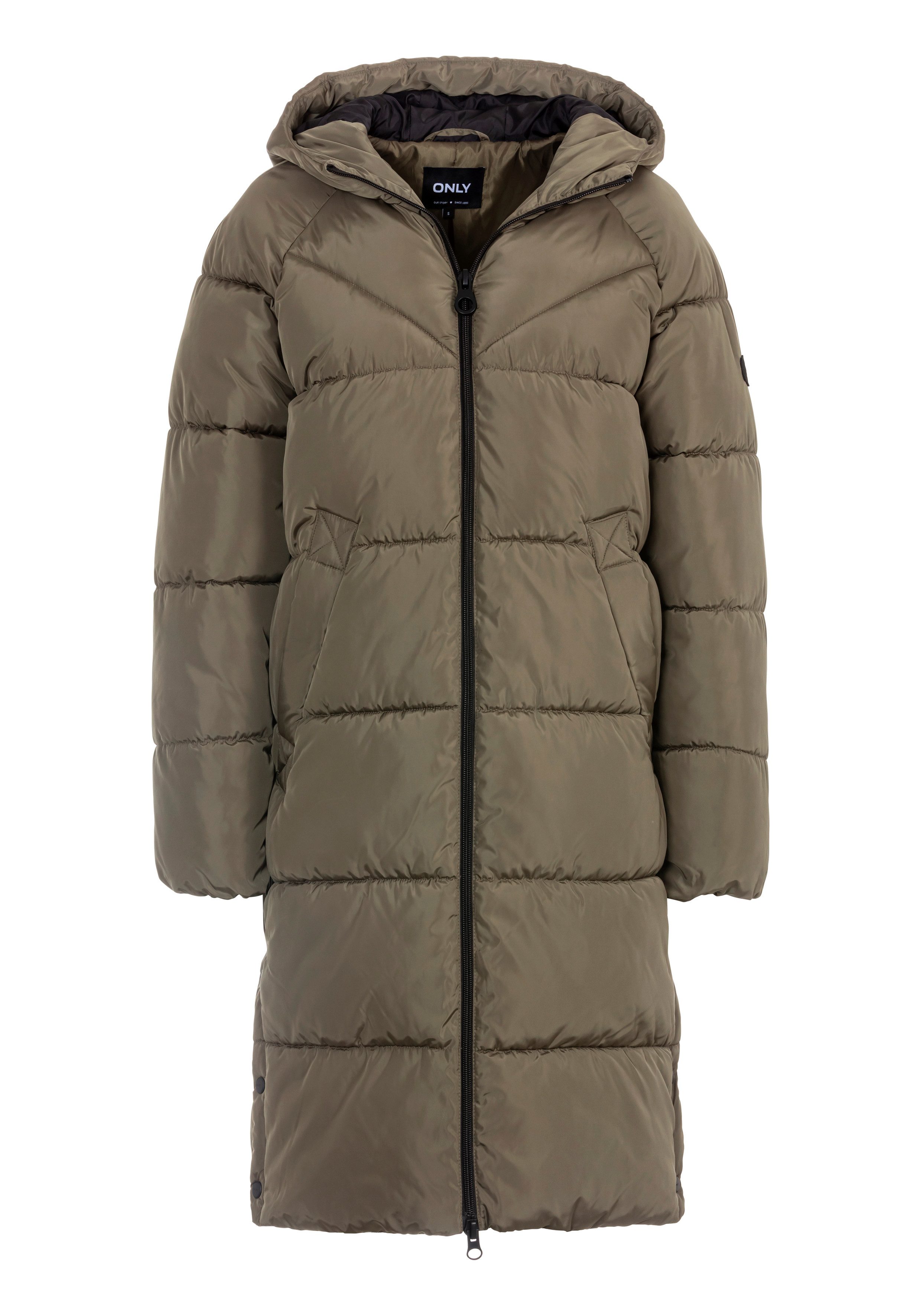 Only Gewatteerde jas ONLAMAND LONG PUFFER COAT CS OTW met capuchon en praktische 2-weg rits