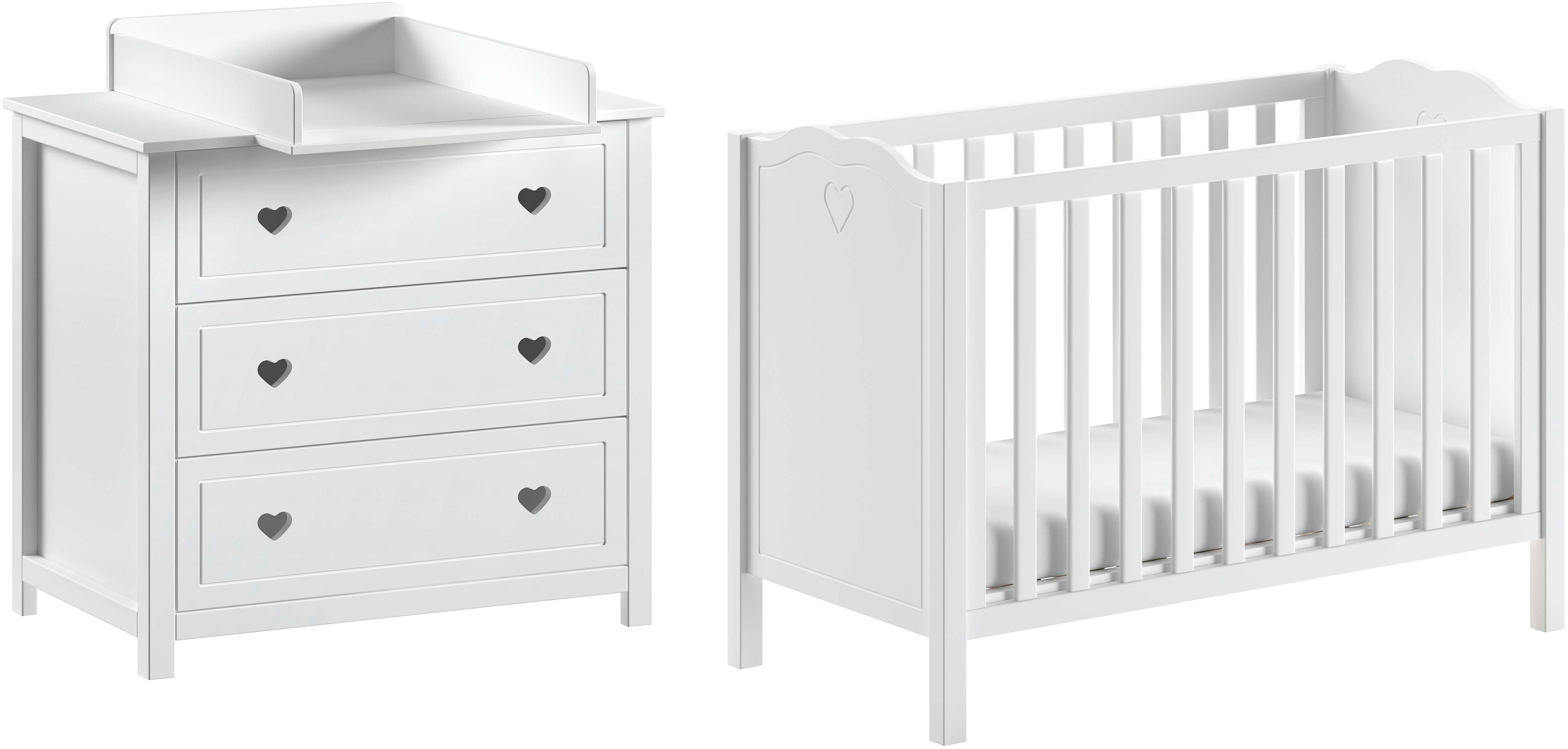Vipack Complete babykamerset Amori 3-delig met hartornamenten, MDF/massief wit gelakt (3-delig) complete babykamers wit