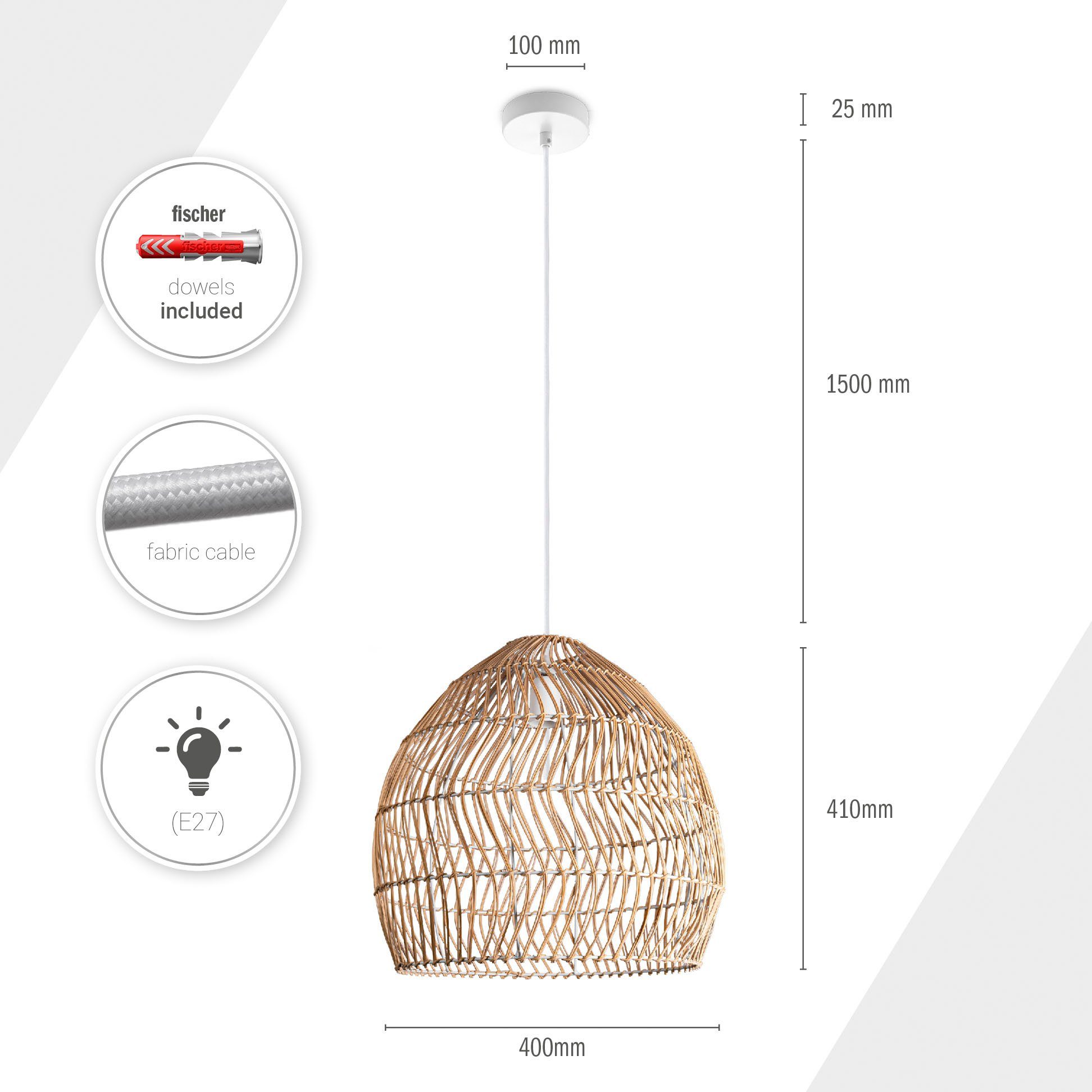 Paco Home Hanglamp ORNA Pendellamp rattan mand Boho modern eetkamerlamp natuurlijk vintage E27