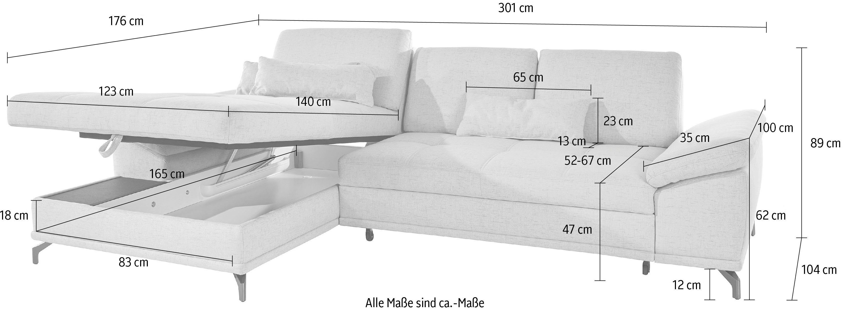 Places of Style Hoekbank Costello L-Form, B: 301 cm mit Sitztiefen-, Armteilverstellung & 3 nierkussens, optionele bedfunctie en bedlade