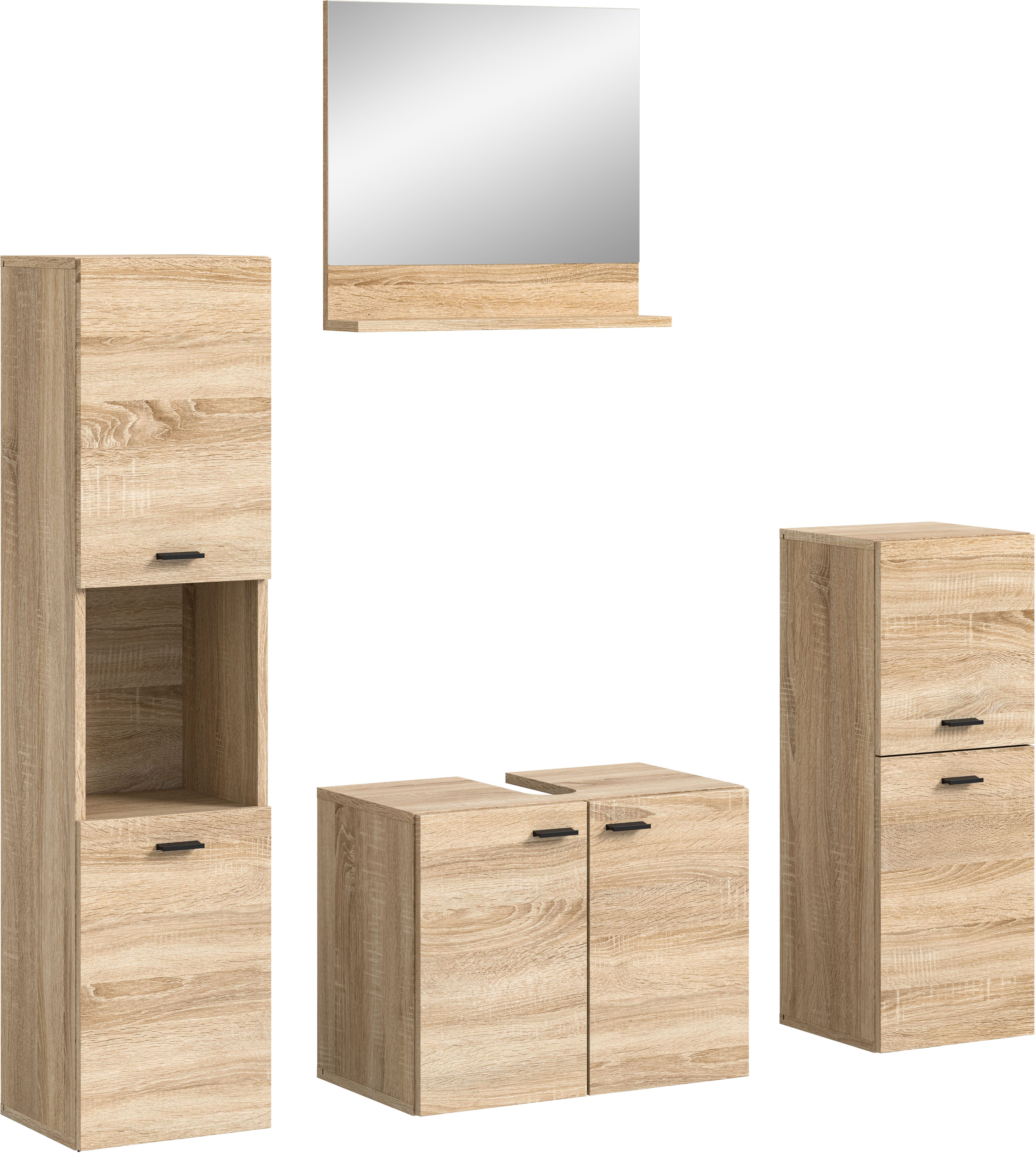 welltime Badmeubelset Tampa, breedte 137cm, 4-delig Wastafelonderkast, spiegel, hoge kast, midikast (4 stuks)