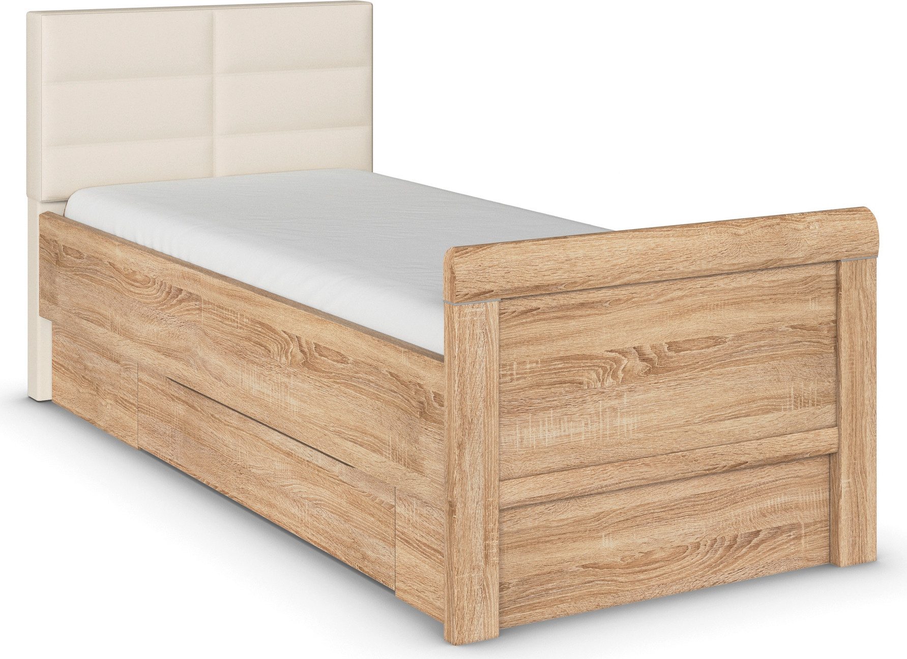 rauch Ledikant met bergruimte Bed Eenpersoons Stollenbed Bedkasten EVELYN in comfortabele hoogte met gestoffeerd hoofdeinde en lades made in germany
