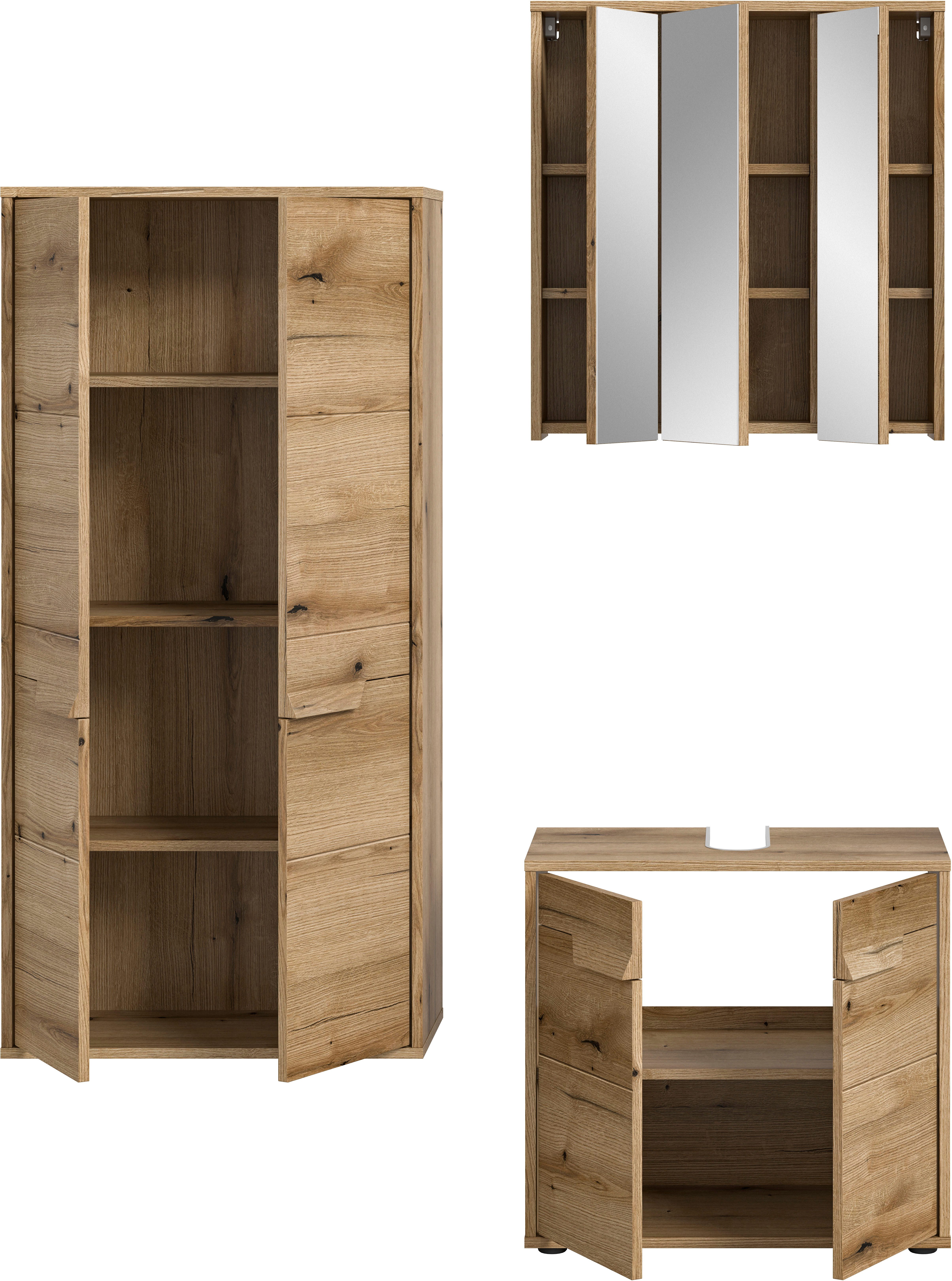 welltime Badmeubelset Kayu, bestaande uit: midikast, wastafelonderkast Spiegelschrank, hoogwaardige MDF front met groeffrasing, badkamer, badkamer set