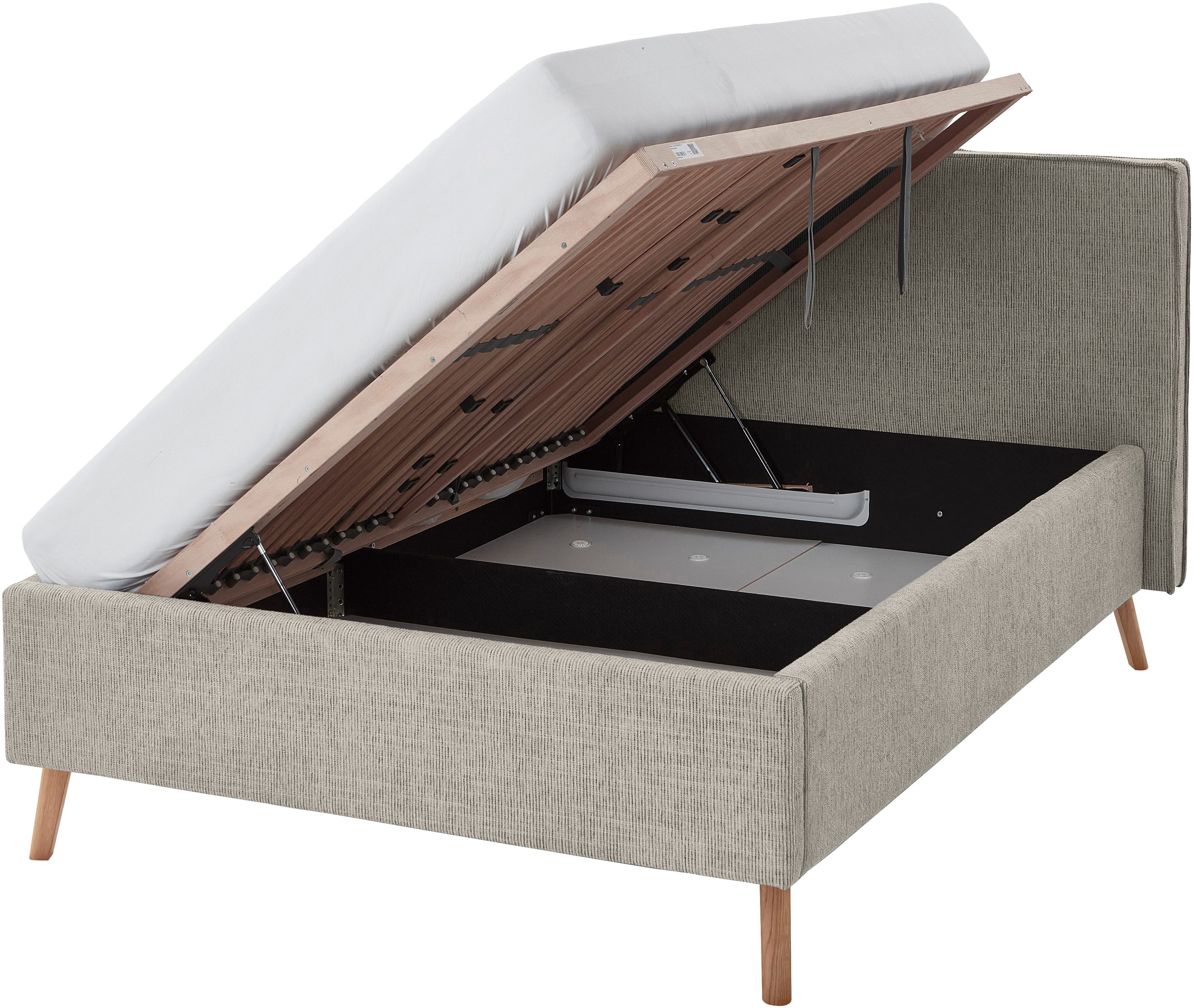meise.möbel Gestoffeerd bed Riva met eikenkleurige houten poten, naar keuze met bedkist en lattenbodem