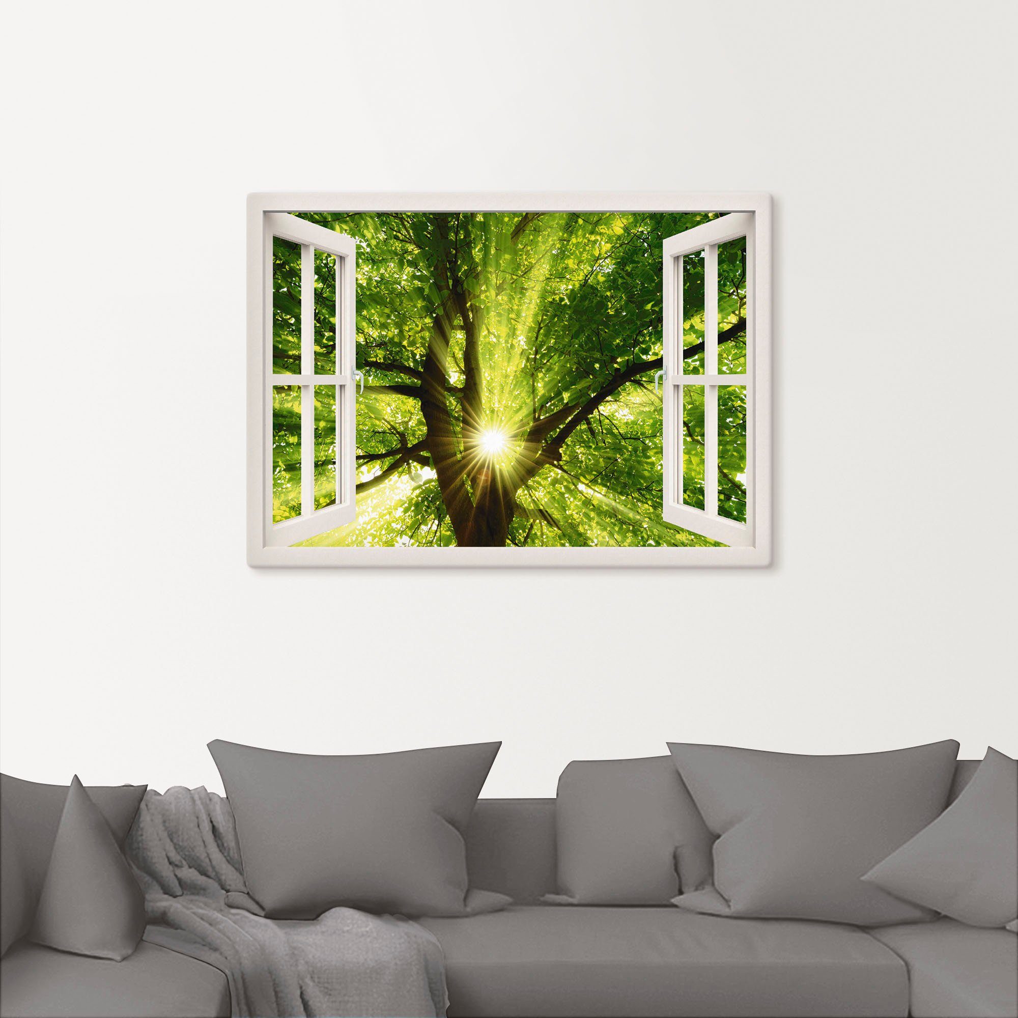 Artland Artprint op linnen Blik uit het venster zon schijnt door boom