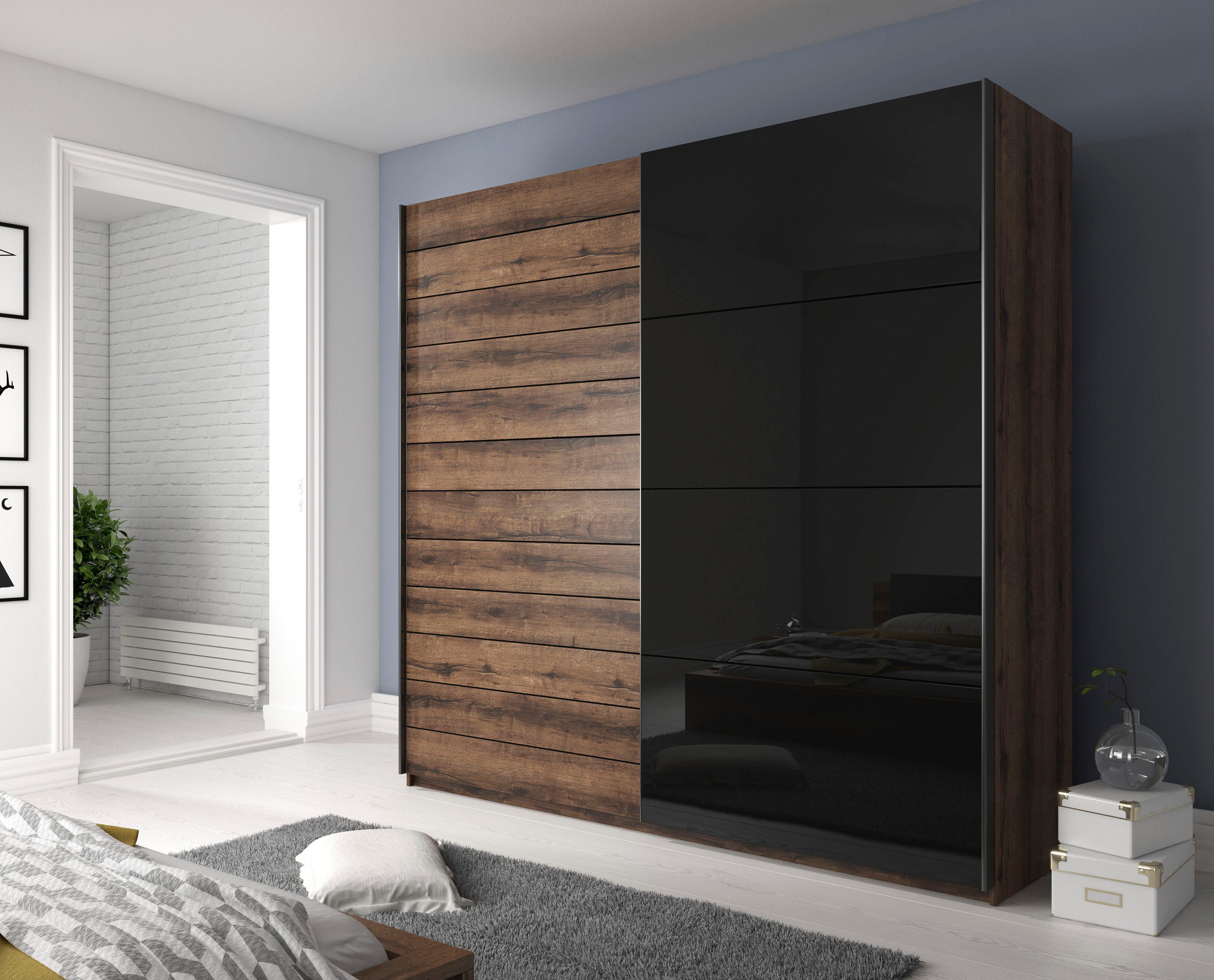 Home affaire Zweefdeurkast Galaxy kledingkast, linnenkast 200, 220 of 270 cm breed INCLUSIEF complete binnenuitrusting, metalen handgrepen en glazen front